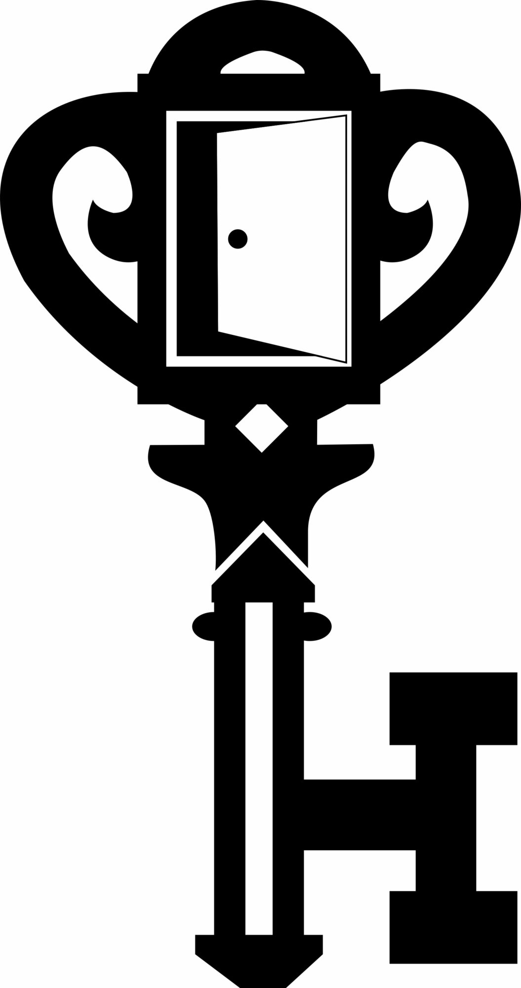 A black and white stylized trophy with a door in the center, decorative handles, and a base, viewed upright.
