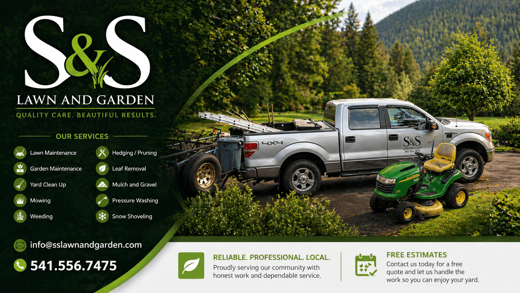Lawn and garden service truck parked outdoors with trees and mountains in background, green lawn mower nearby, company logo and contact info.
