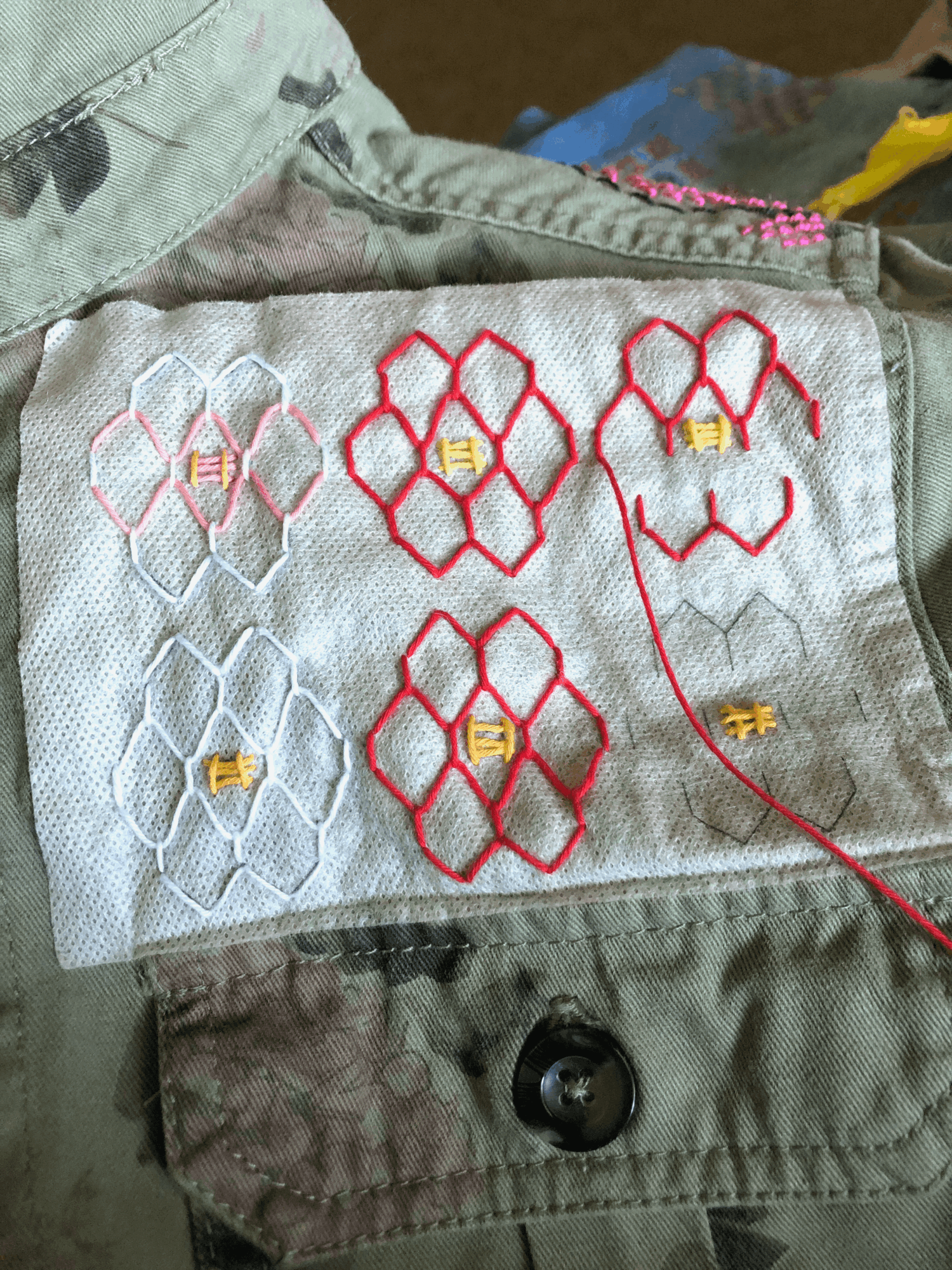 Fabric with six embroidered honeycomb patterns, some with bees, on light-colored material, with a button and clothing in background.