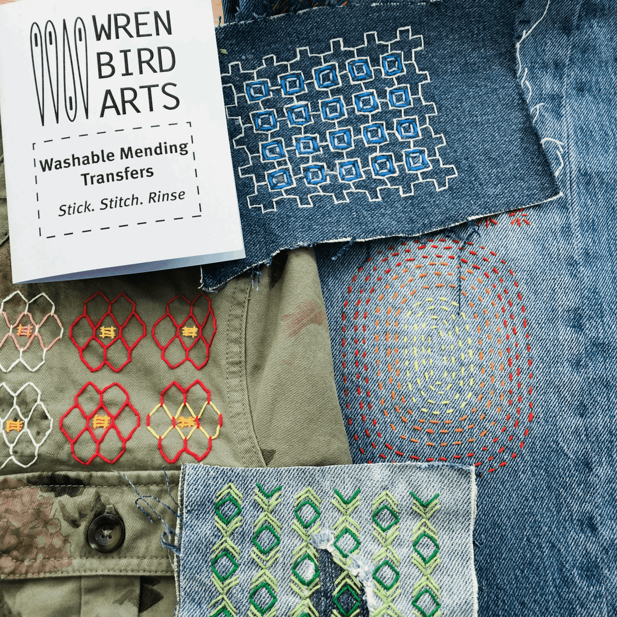 Various fabric swatches with embroidered and printed patterns, including geometric designs and circular motifs, on denim and other materials.