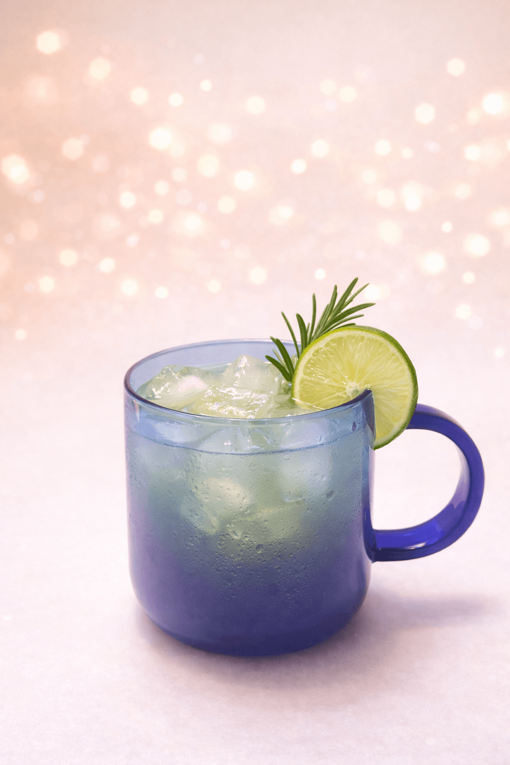 Blue mug with a lime slice and rosemary garnish, filled with a cold beverage, against a pink background with bokeh lights.