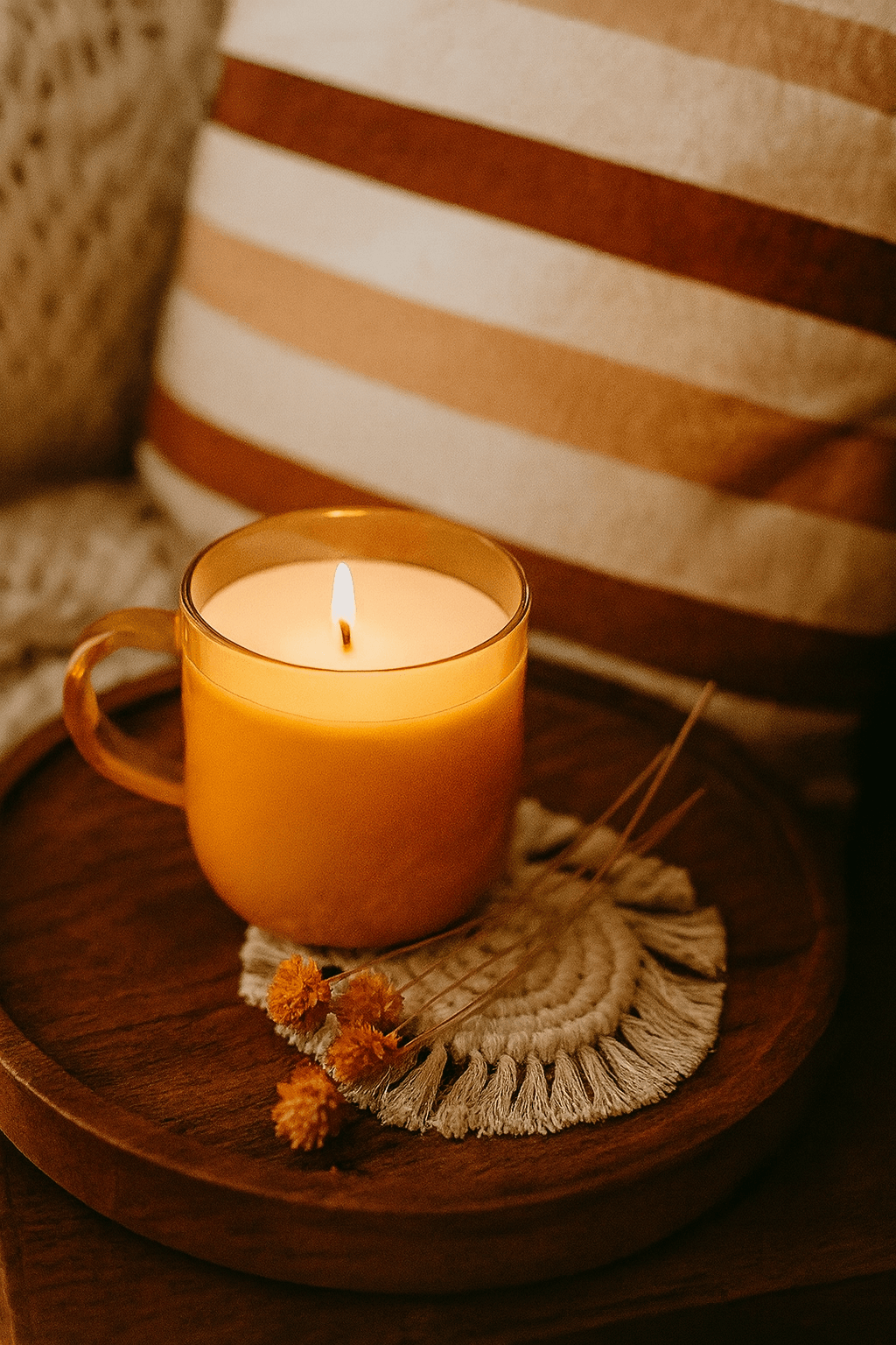 Lit candle in a mug on a wooden tray with a fringed cloth and small flowers, against a striped pillow background.
