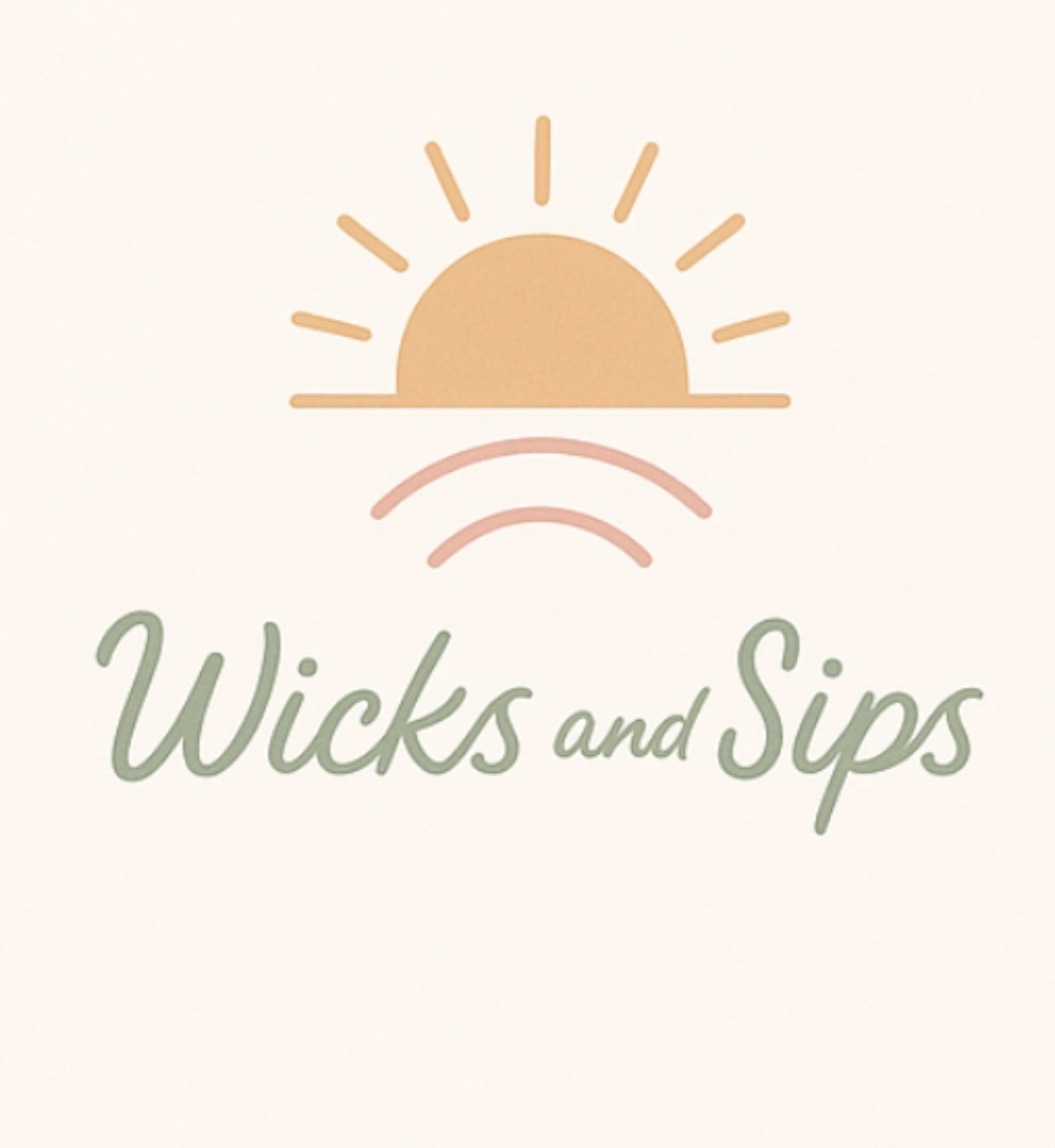 Sun rising above wavy lines with text 'Wicks and Sips' below, in soft pastel colors.