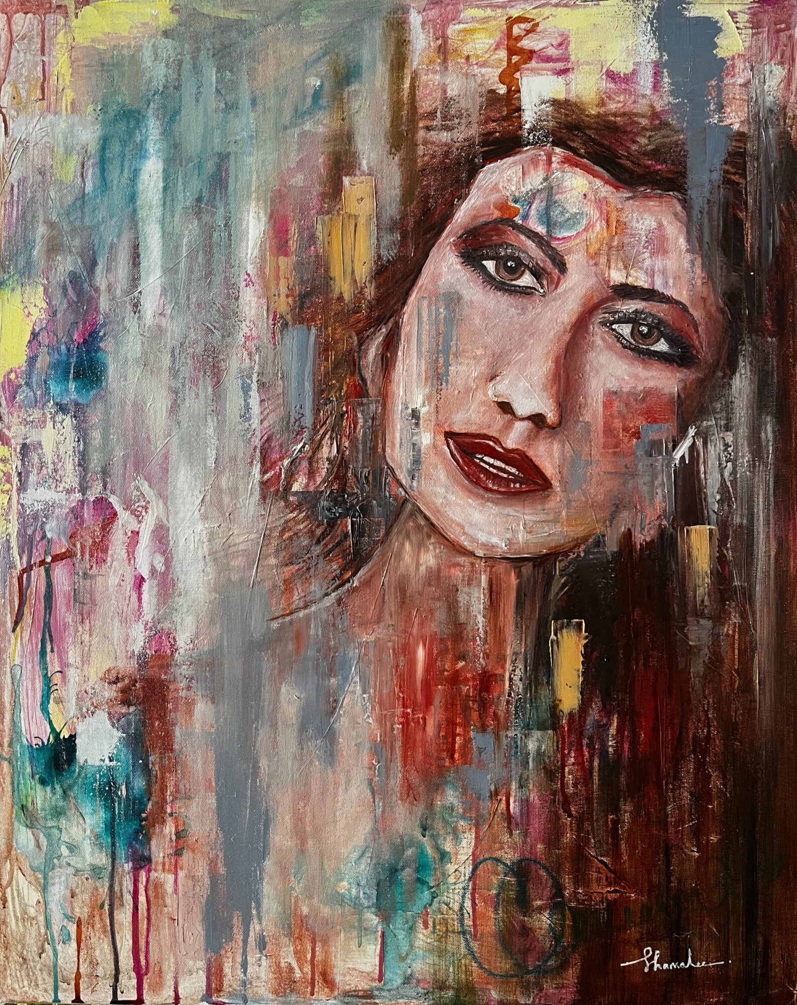 Portrait of a woman with dark hair, expressive eyes, and red lipstick, painted with abstract brushstrokes and vibrant colors.