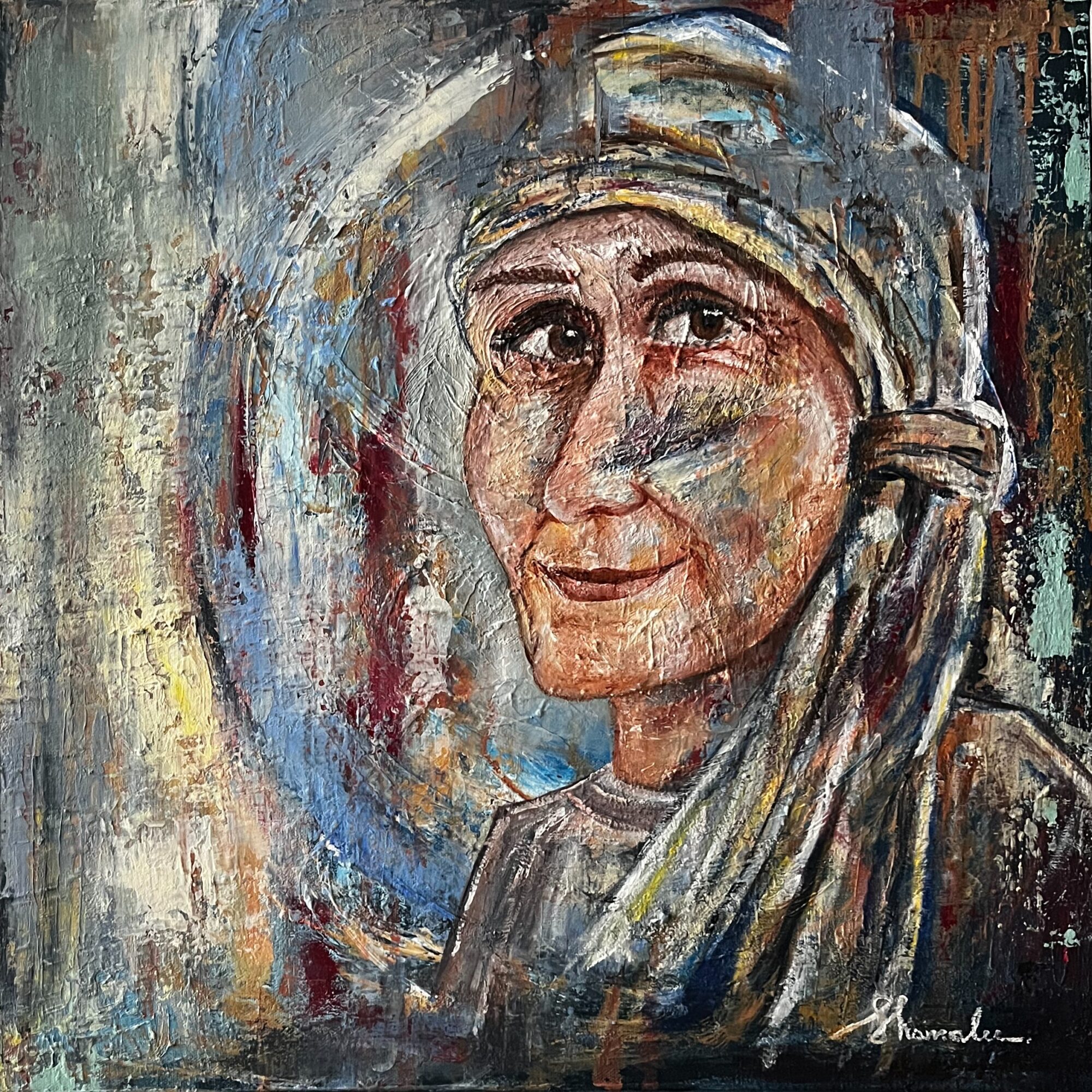 Portrait of a woman wearing a headscarf, smiling gently, with textured brushstrokes and a colorful background.