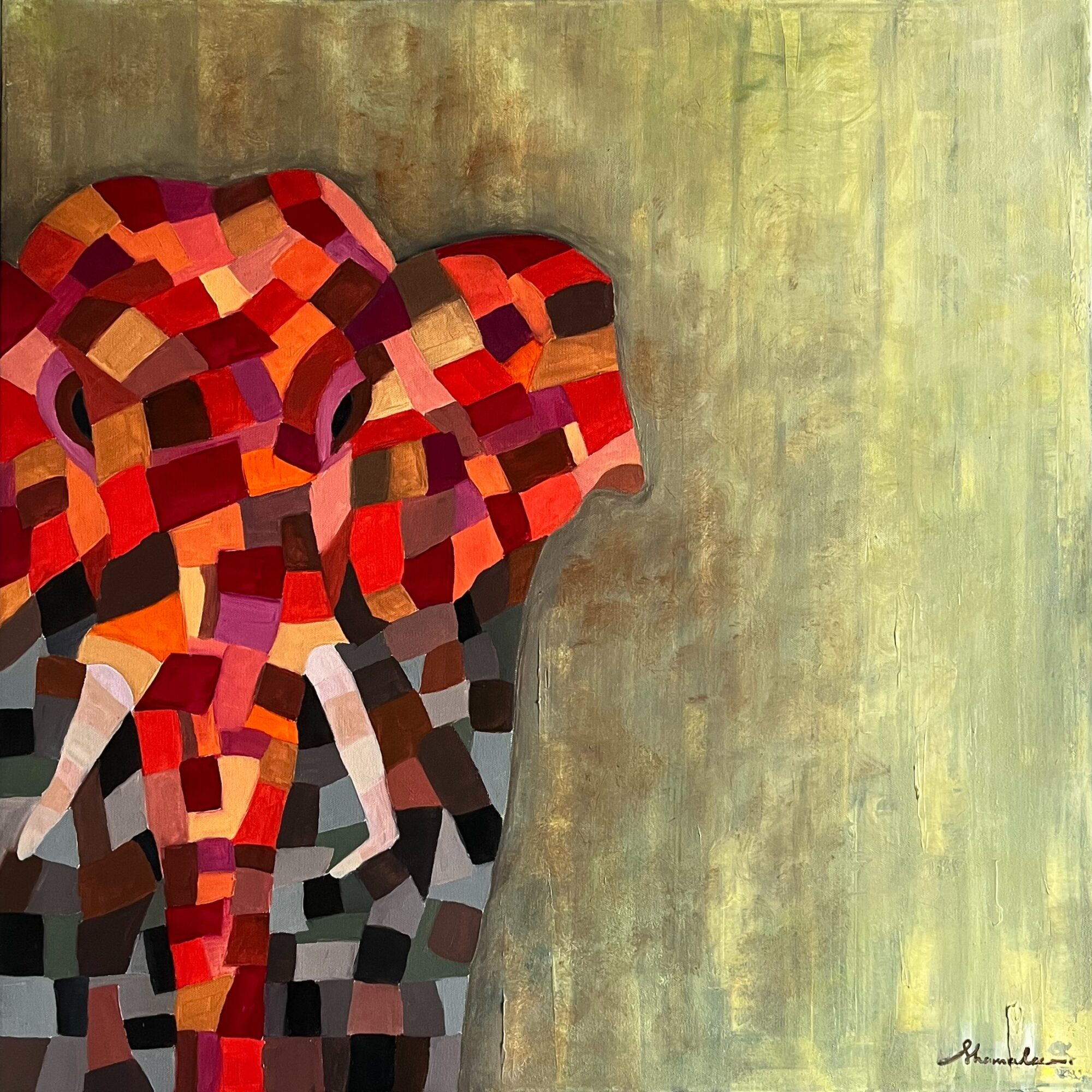 Abstract mosaic of three human heads in red, orange, and black tones facing right, against a textured green background.