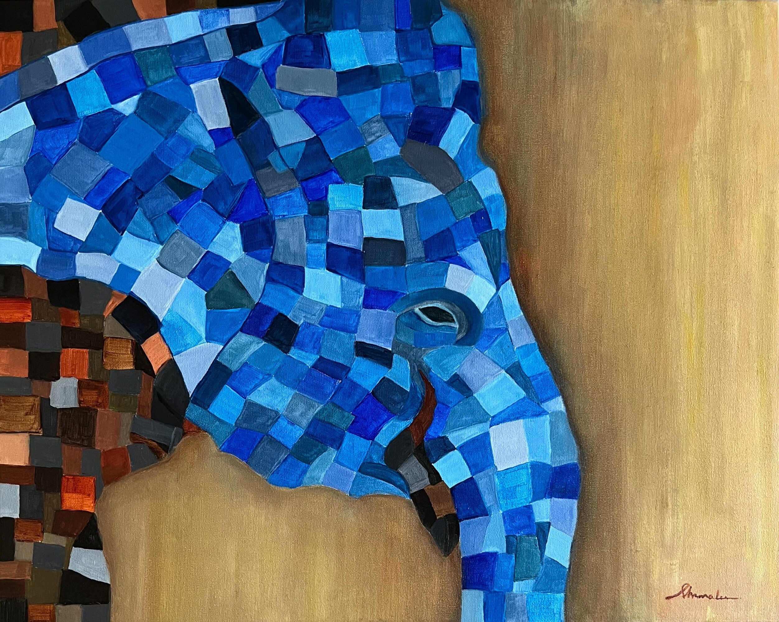 Close-up of a mosaic elephant made of blue tiles, with a beige background and a signature in the bottom right corner.