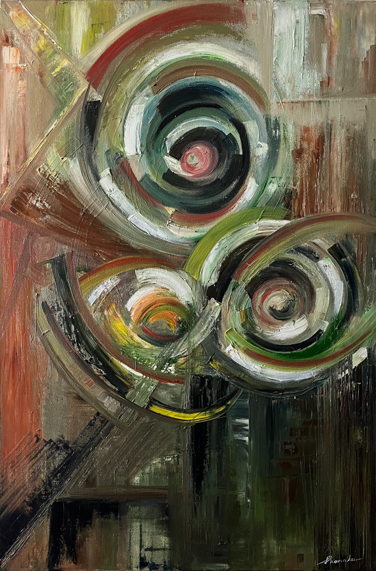 Abstract painting with circular shapes and swirling patterns in green, black, pink, and brown tones.