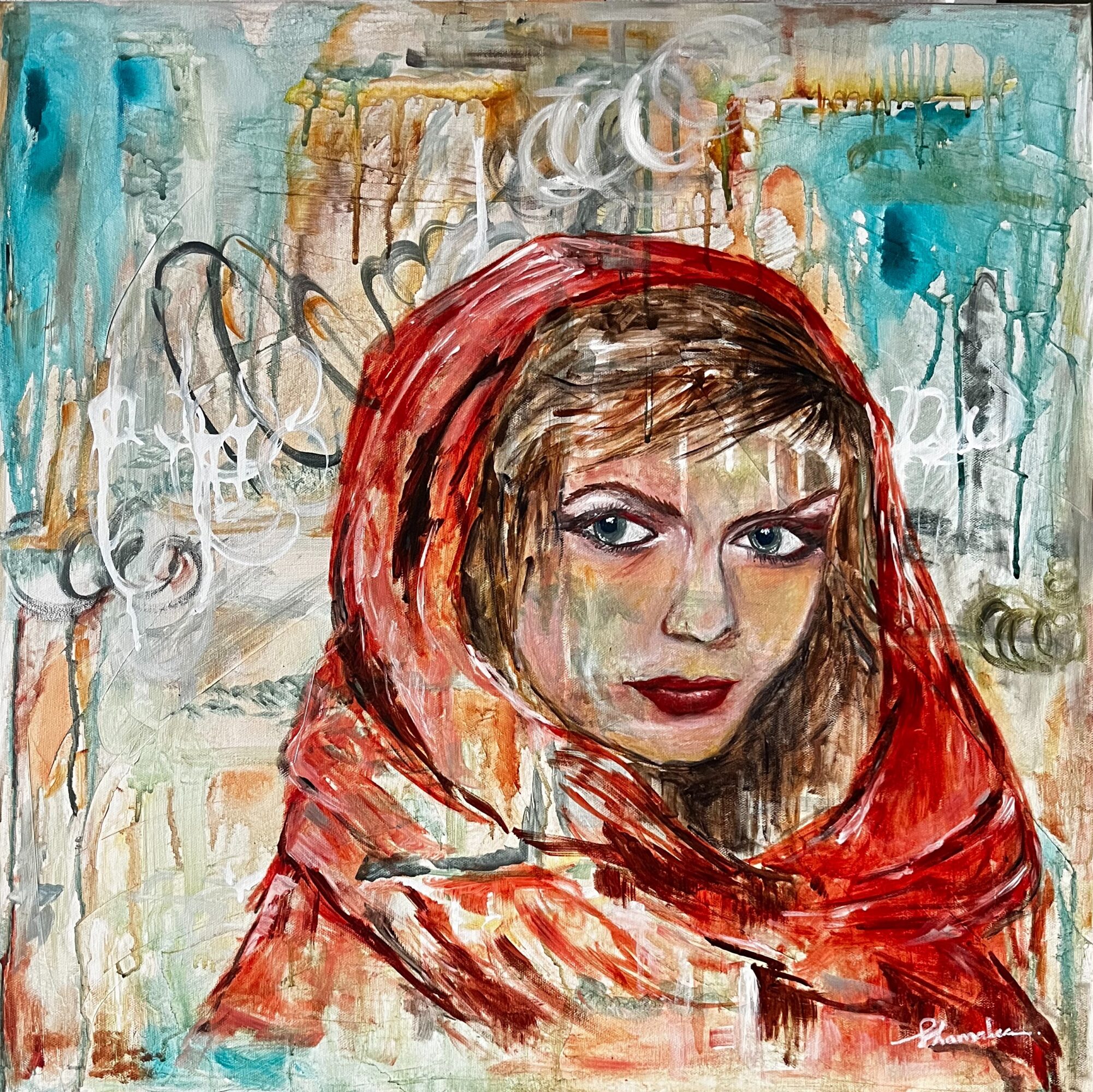 Portrait of a woman with a red headscarf, painted in an abstract style with vibrant colors and expressive brushstrokes.