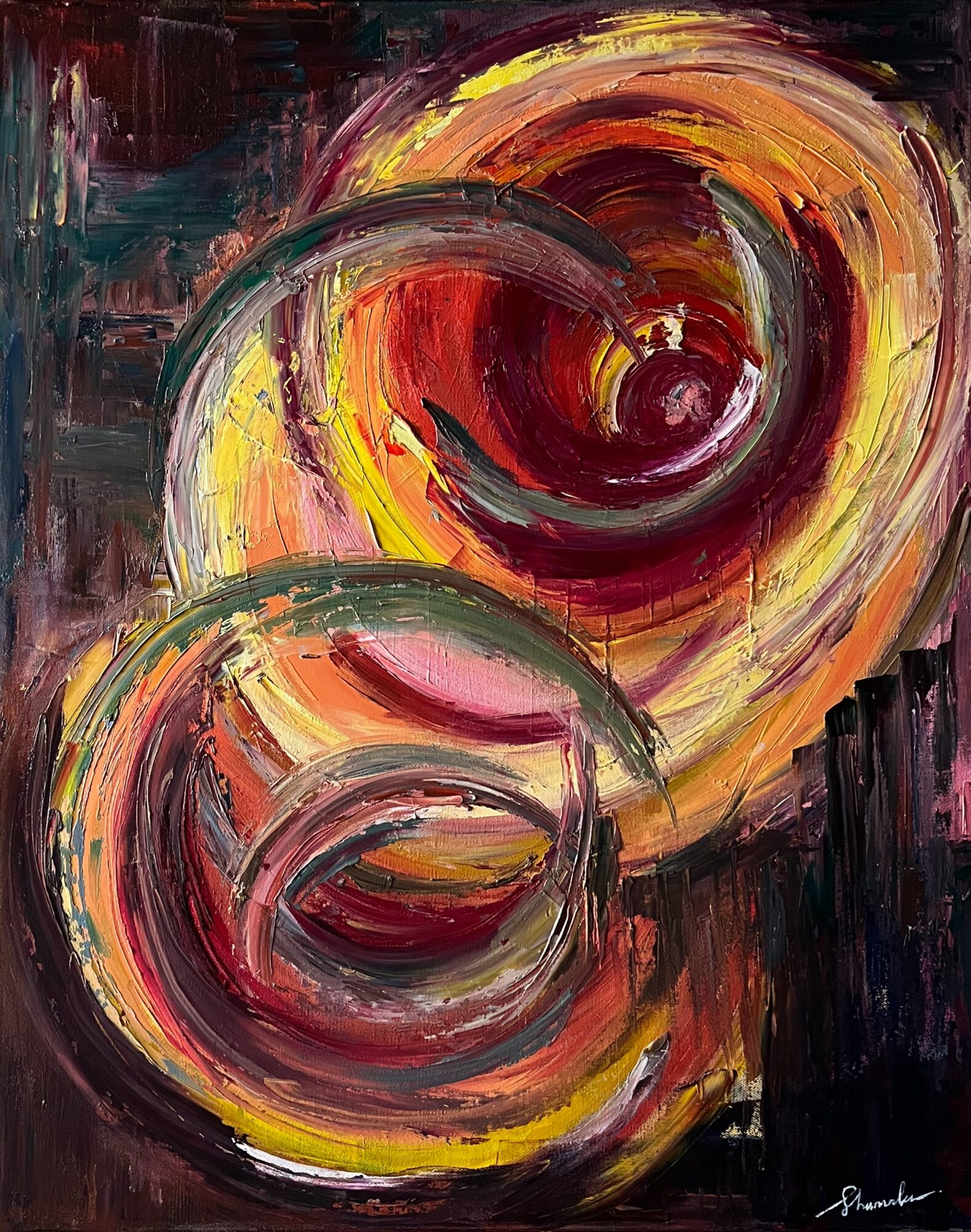 Abstract painting with swirling circular shapes in red, yellow, orange, and black colors.
