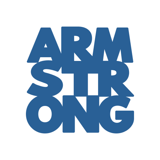 Bold blue text spelling 'ARMSTRONG' stacked vertically with a stylized design.