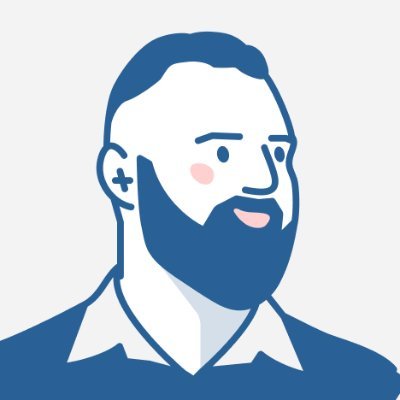 Illustration of a man with a beard, wearing a collared shirt, smiling, with a pink cheek blush.