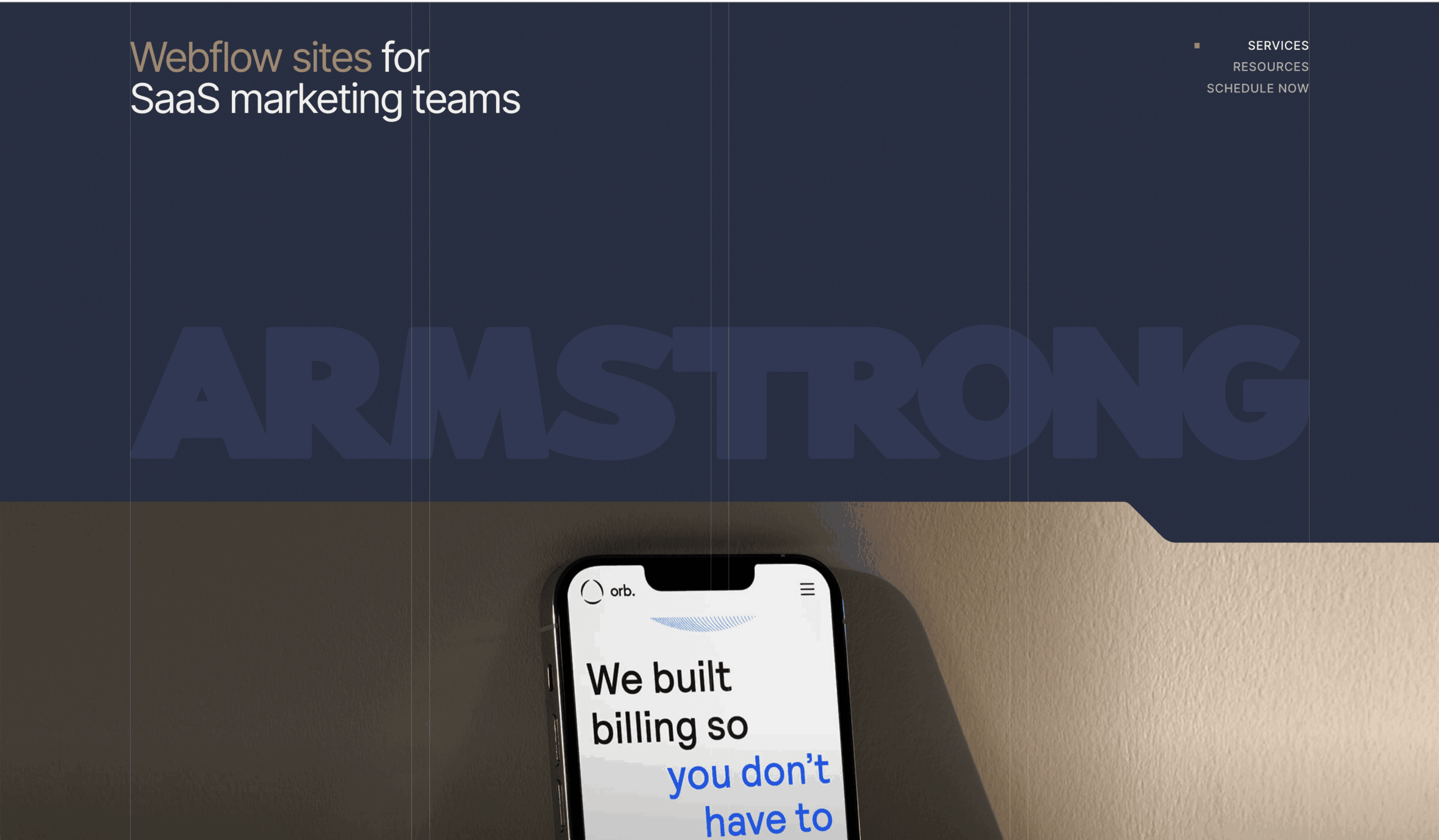 A website header with text about SaaS marketing teams and a large word 'ARMSTRONG' in the background.