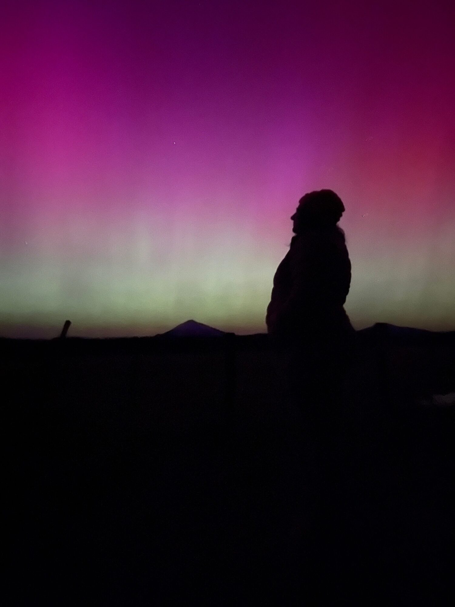 Silhouette of a person standing against a colorful gradient background, facing left.