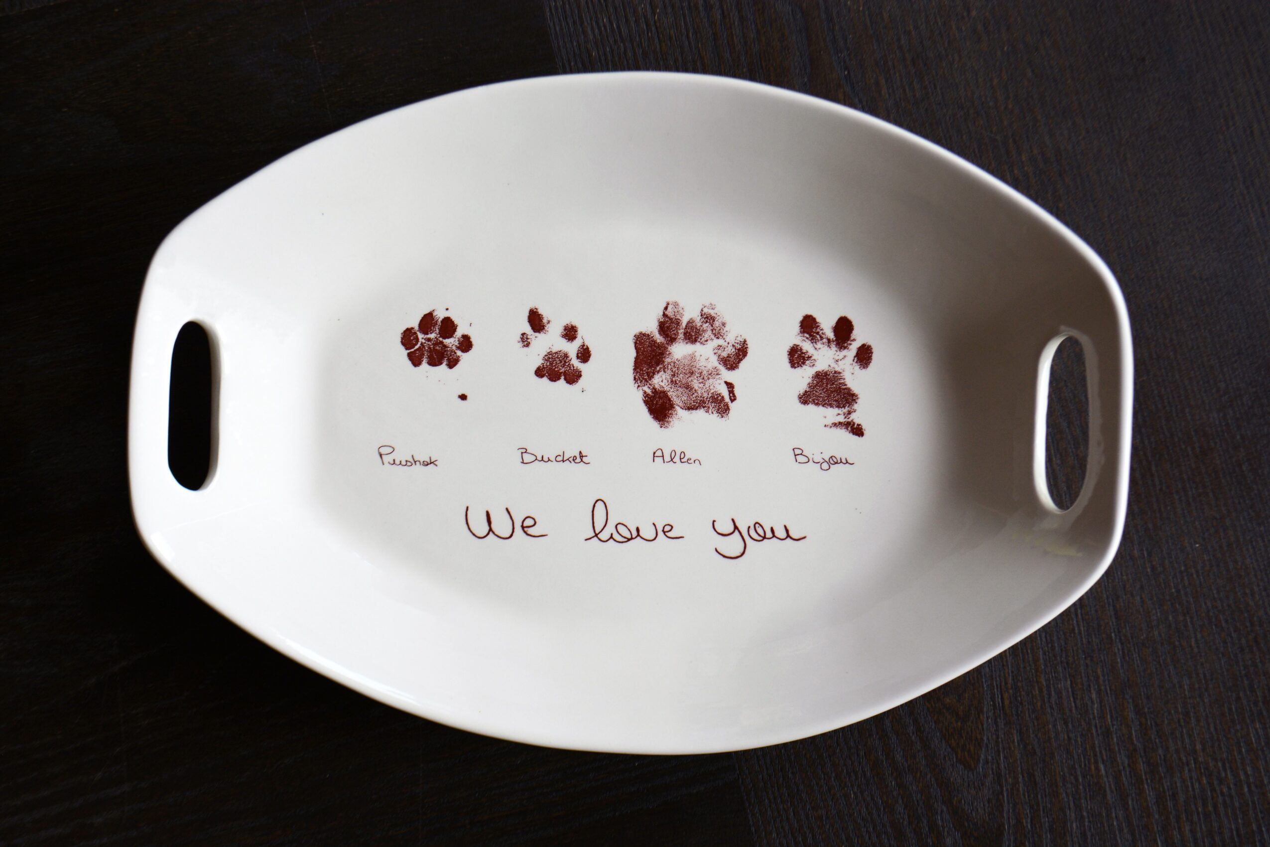 White oval tray with paw prints labeled 'Paw', 'Claw', 'Nose', 'Brow', and the message 'We love you' written below, on a dark surface.