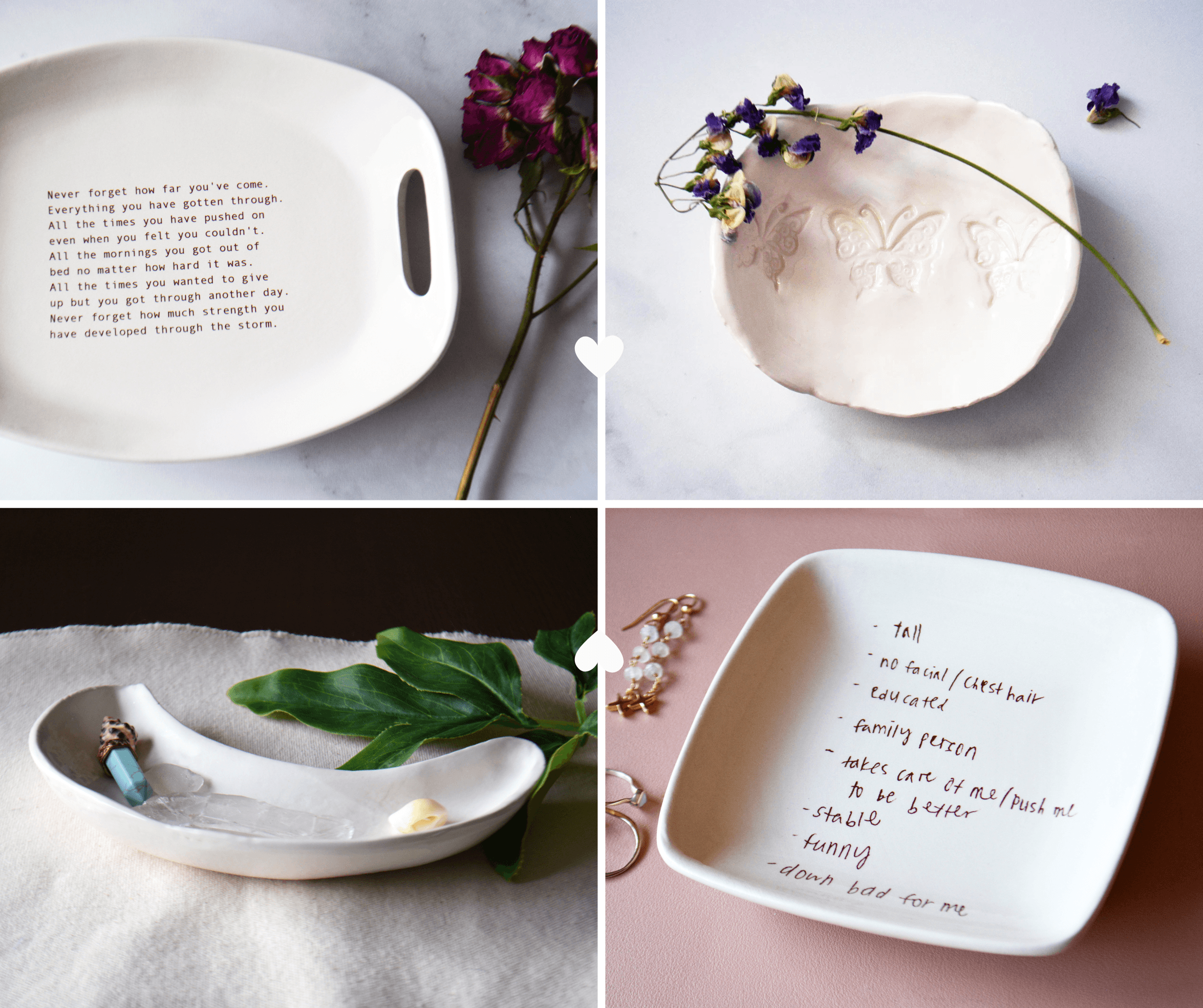 Four images of white ceramic dishes with flowers and handwritten text, arranged in a grid.