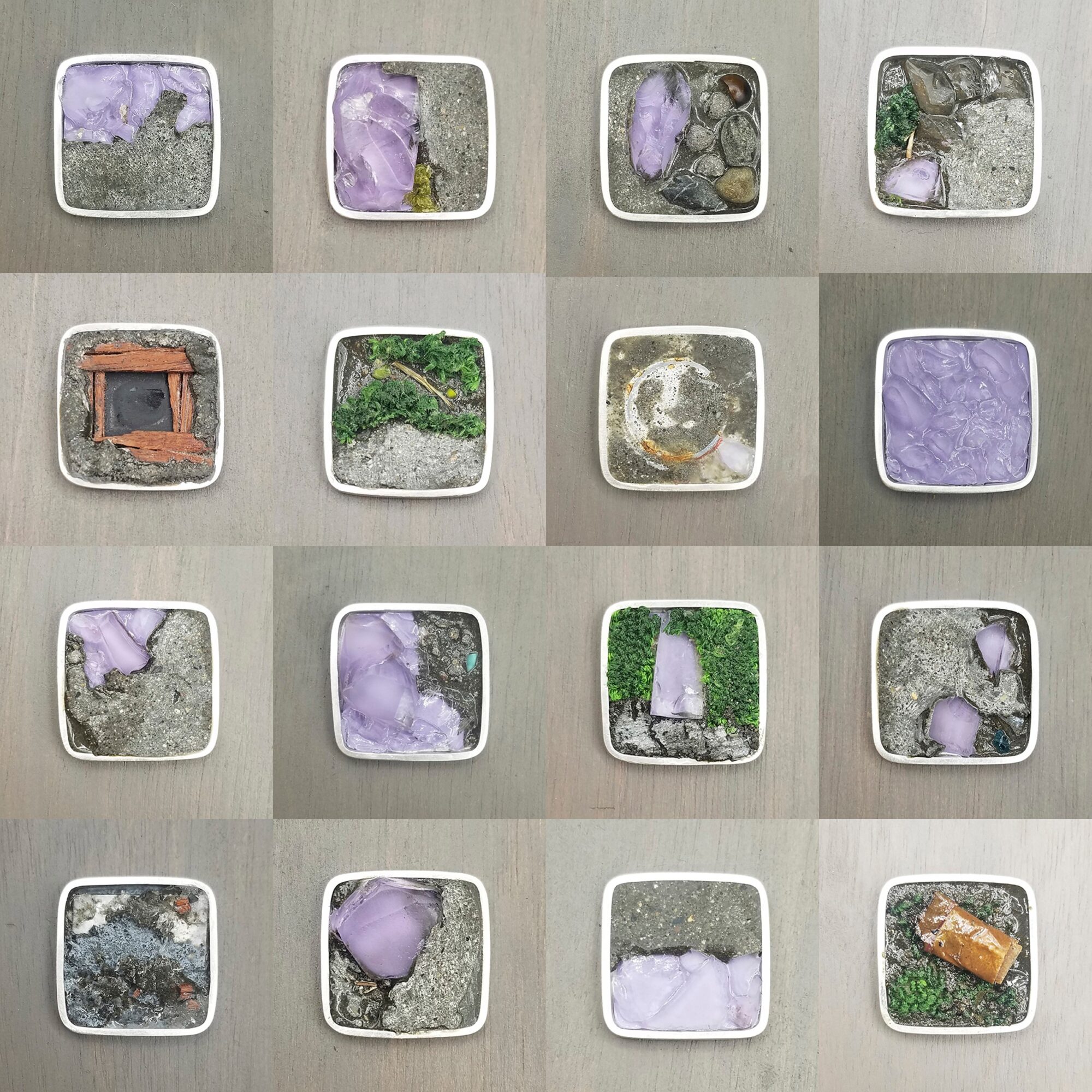 Aerial view of 16 small square and rectangular tiles with various textures and colors, arranged in a grid pattern.