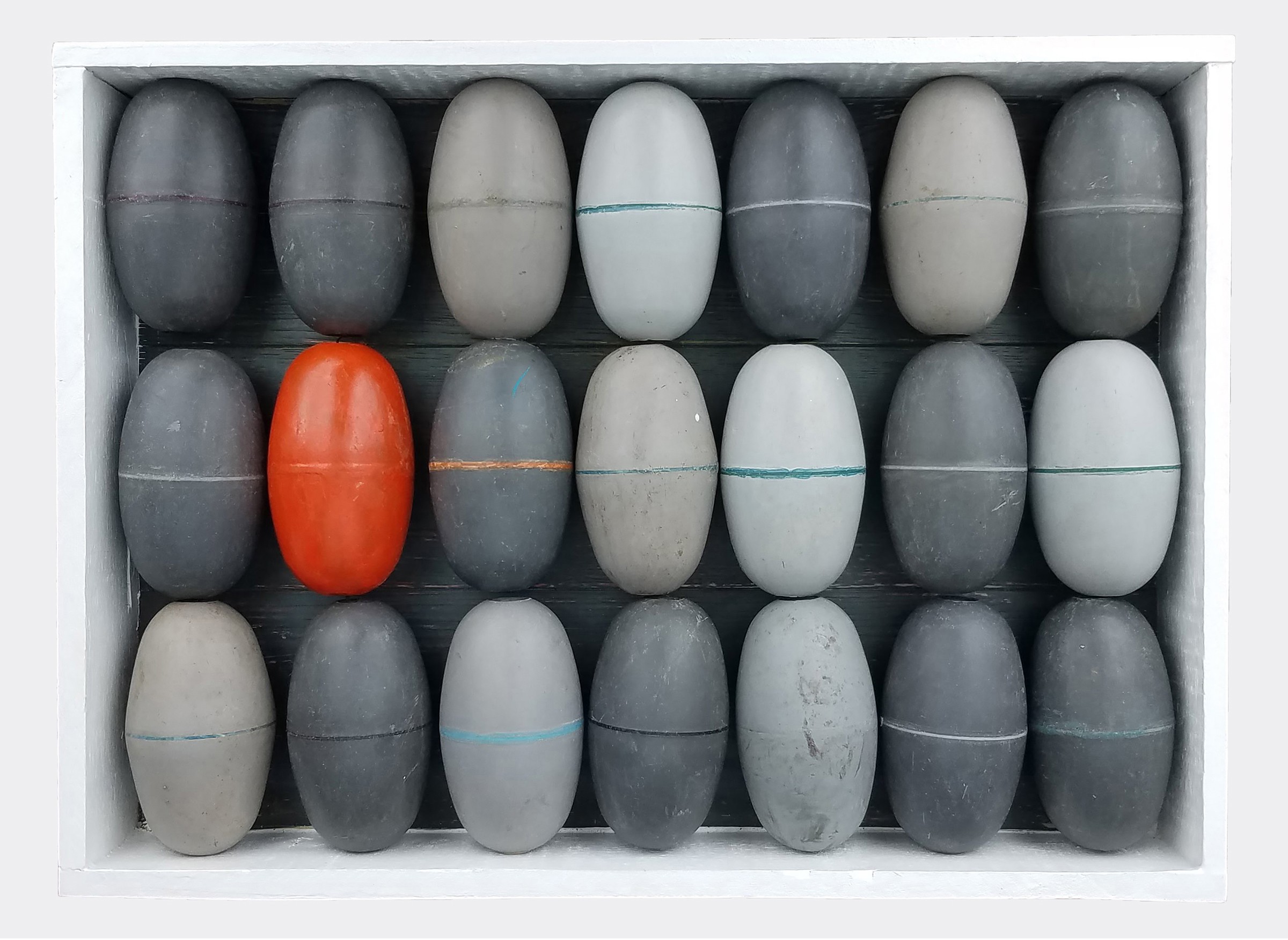 Box of 20 eggs, mostly gray and white, with one red egg, arranged in four rows of five.
