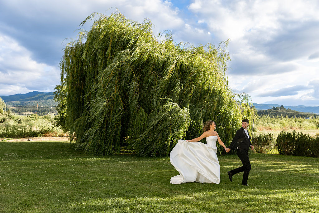 A bride and groom holding hands and dancing outdoors on a grassy field with a large tree and cloudy sky in the background.