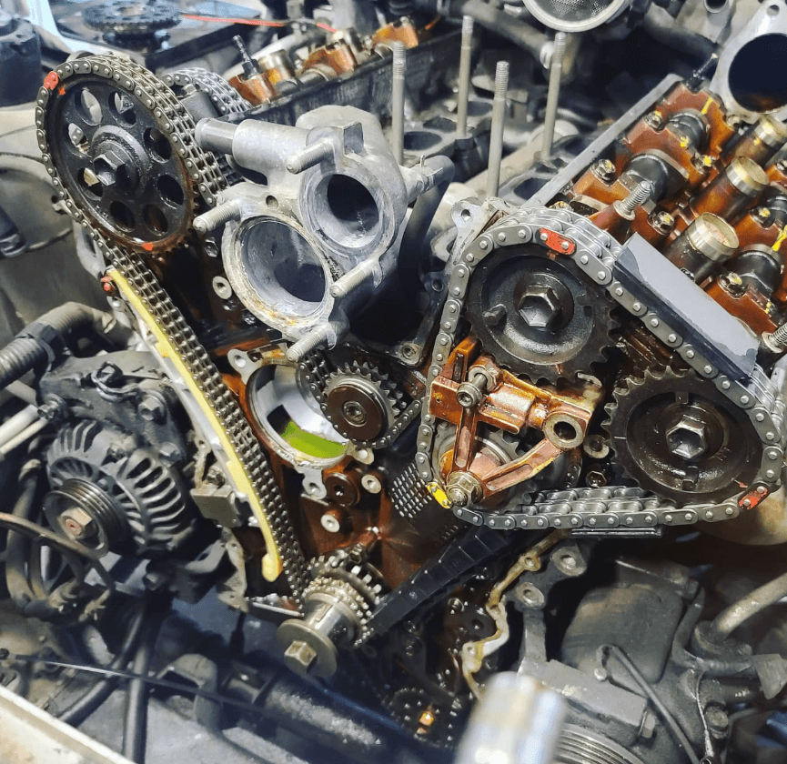 Close-up of an engine's timing chain, gears, and camshaft components inside a vehicle engine bay.