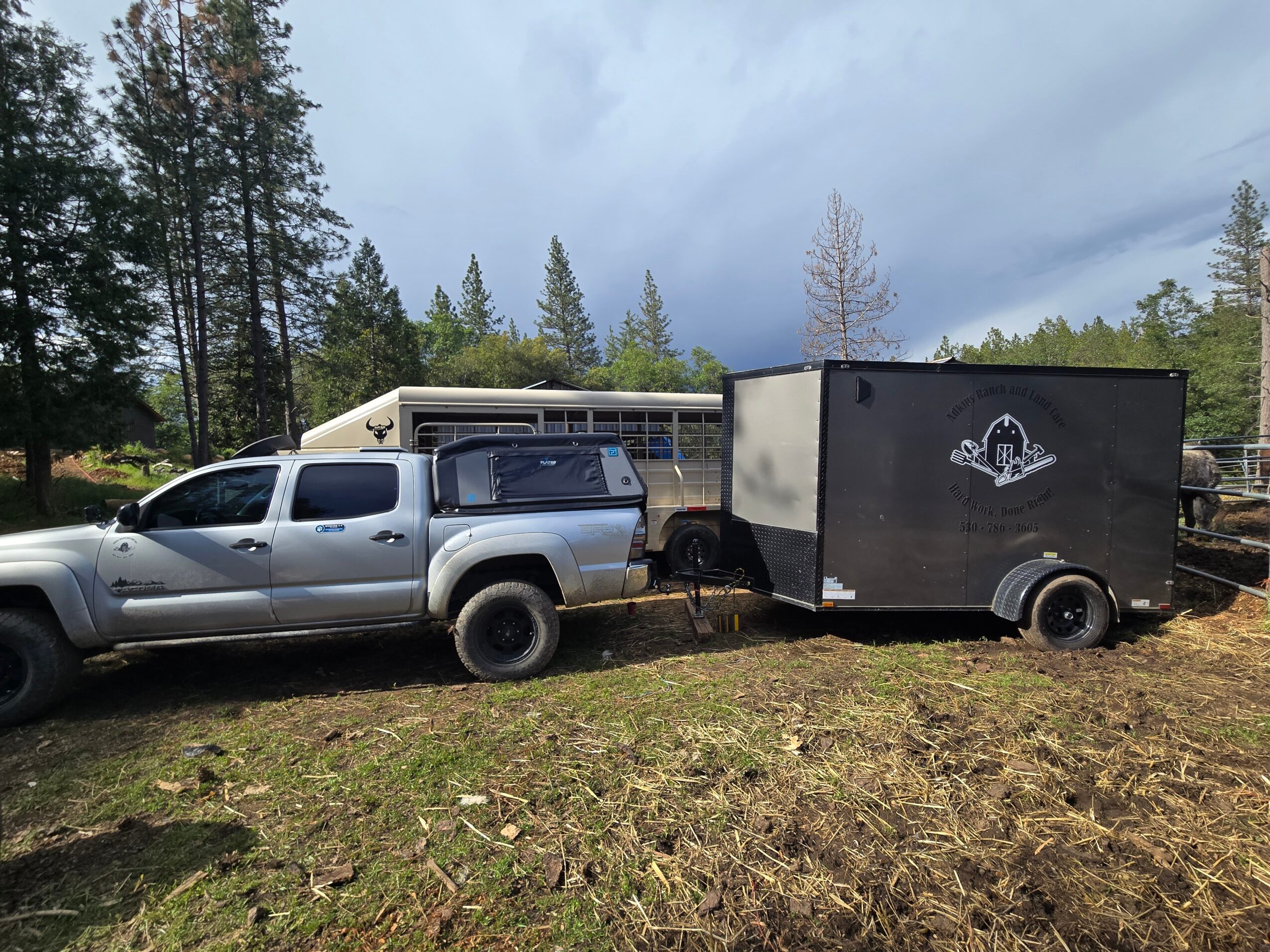 Silver pickup truck with a black trailer attached, parked on grass with trees and cloudy sky in background.
