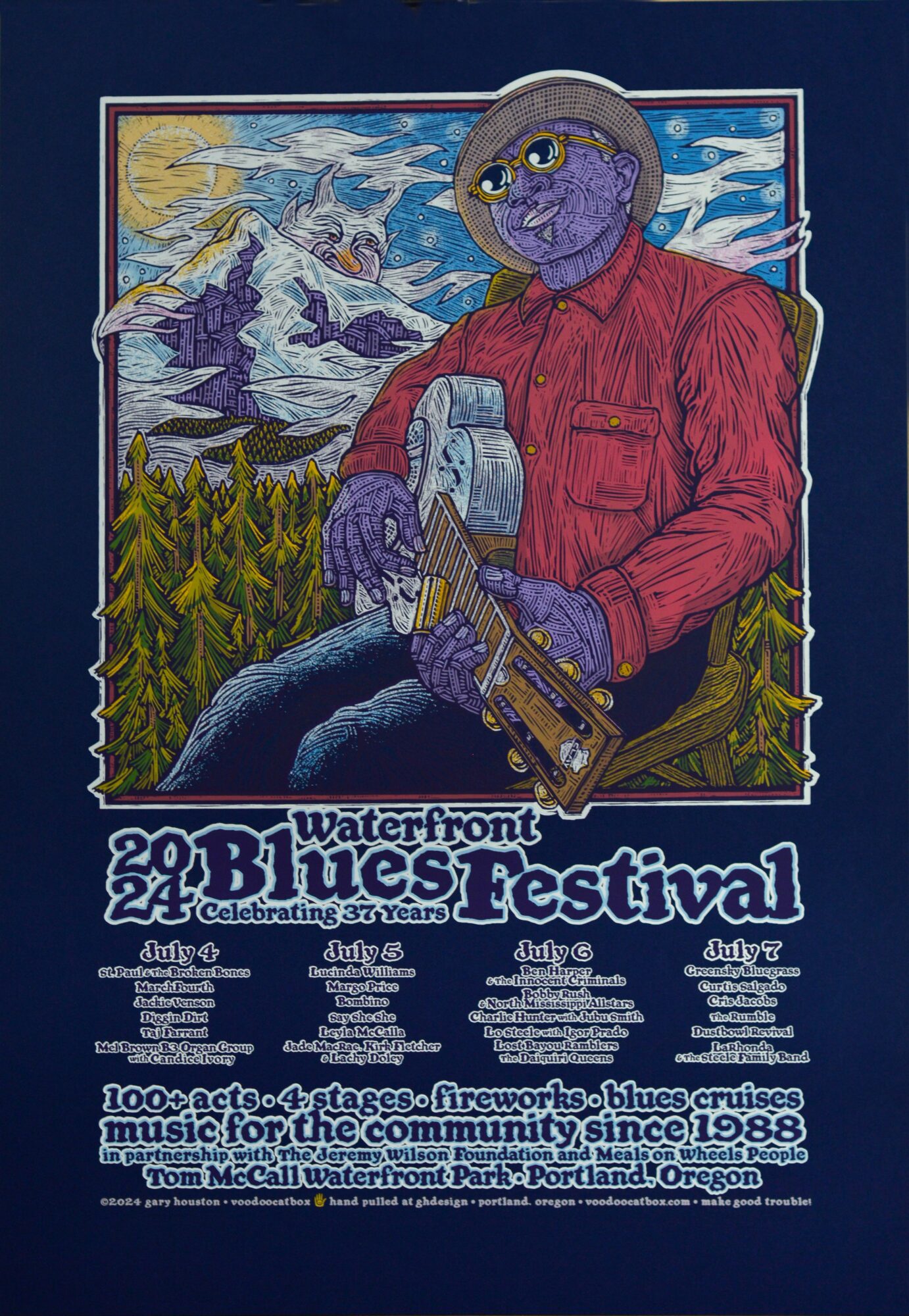 Illustration of a purple anthropomorphic character with glasses, holding a guitar, in front of a mountain and forest scene, promoting the 2018 Waterfront Blues Festival, with event details below.