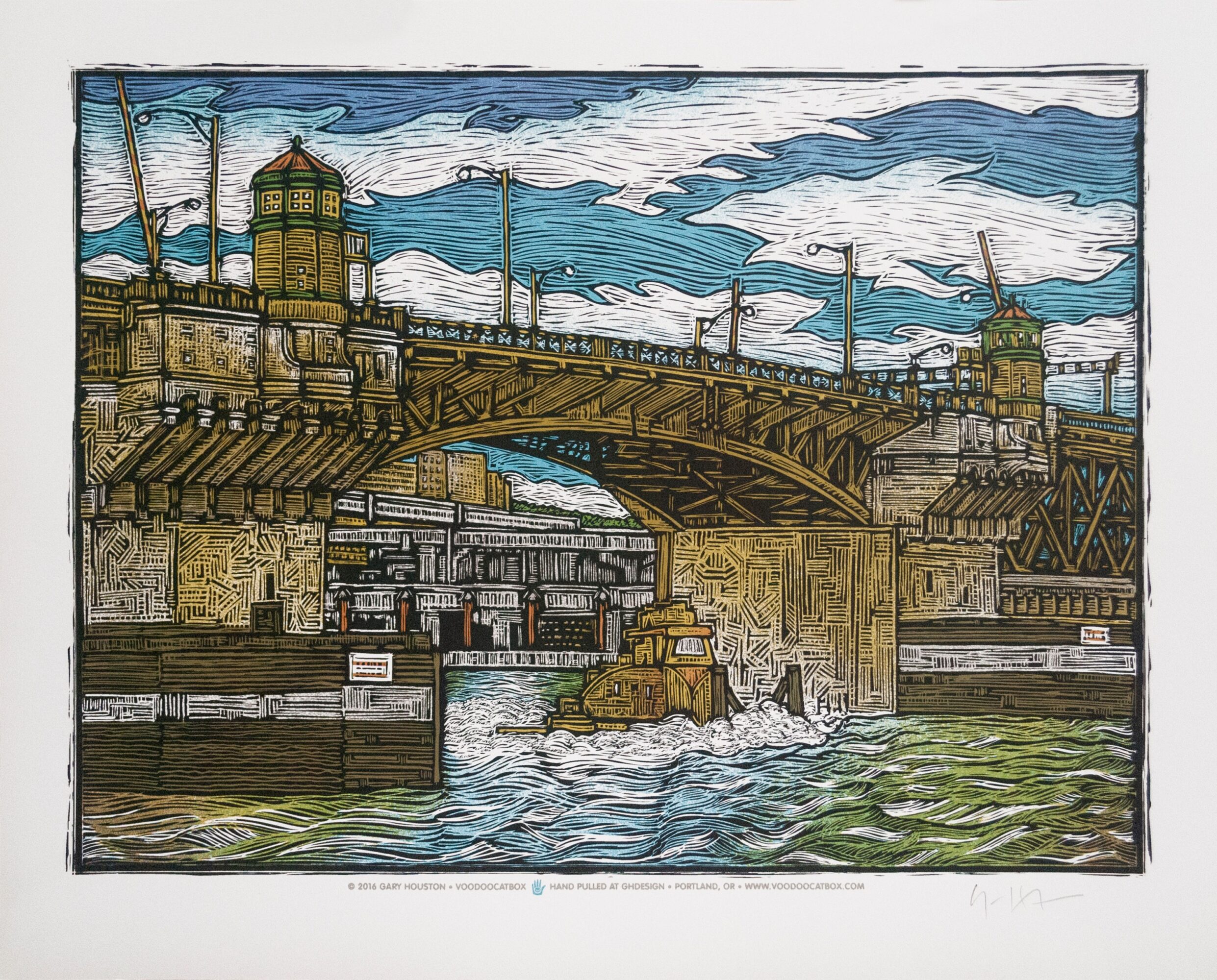Painting of a bridge over a river with buildings and a cloudy sky, in a stylized, textured art style.