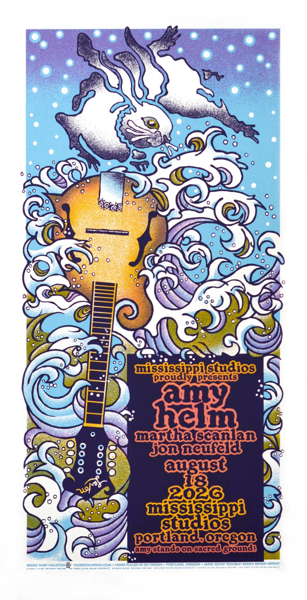 Illustration of a dragon with flowing clouds, a guitar, and event details for Amy Helm concert in Mississippi, August 2022.