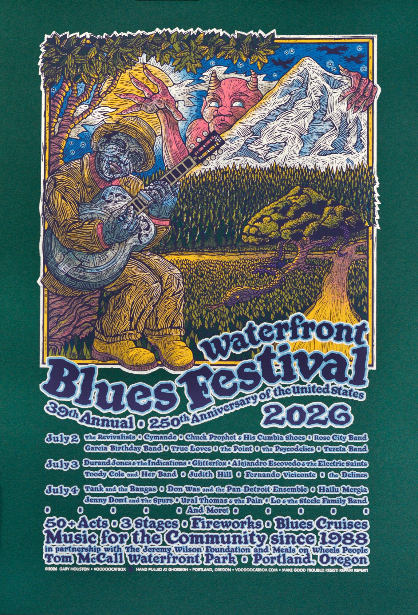 Poster for 2026 Waterfront Blues Festival featuring a musician playing guitar, mountain, trees, and festival details.