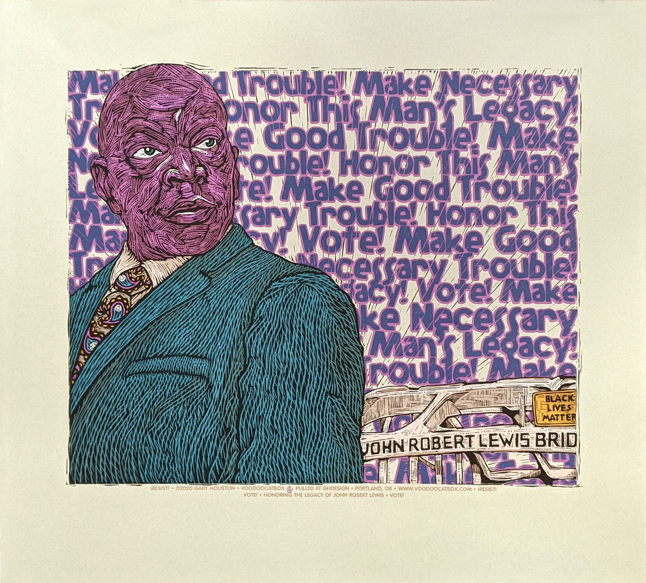 Illustration of a person with purple skin and short hair, wearing a teal jacket, with a background of purple text. Word count: 20