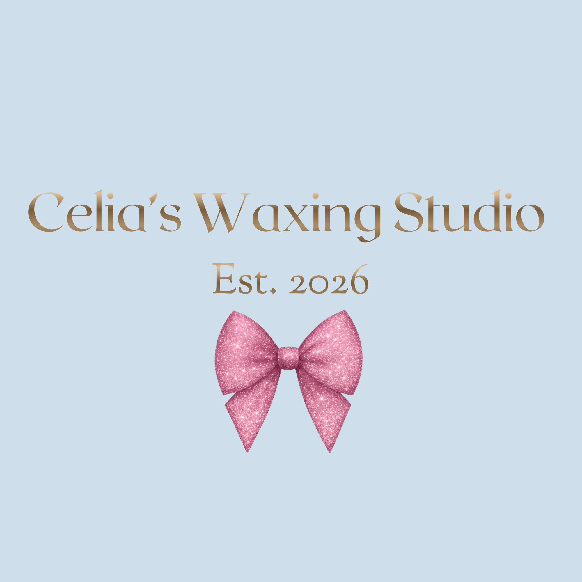Celia's Waxing Studio logo with text and a pink bow on a light blue background.