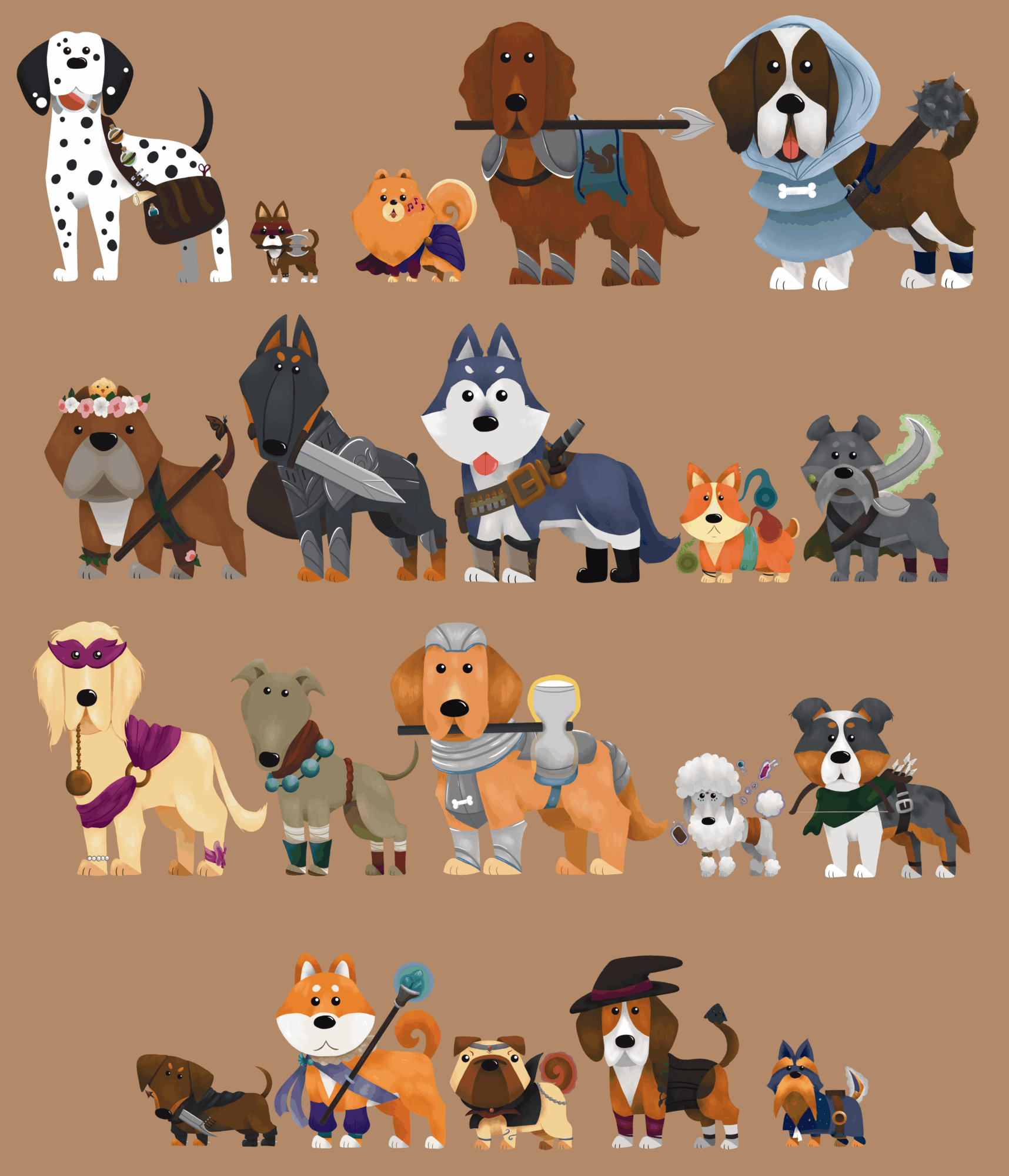 Collection of animated dogs and animals, some dressed in costumes, on a beige background.