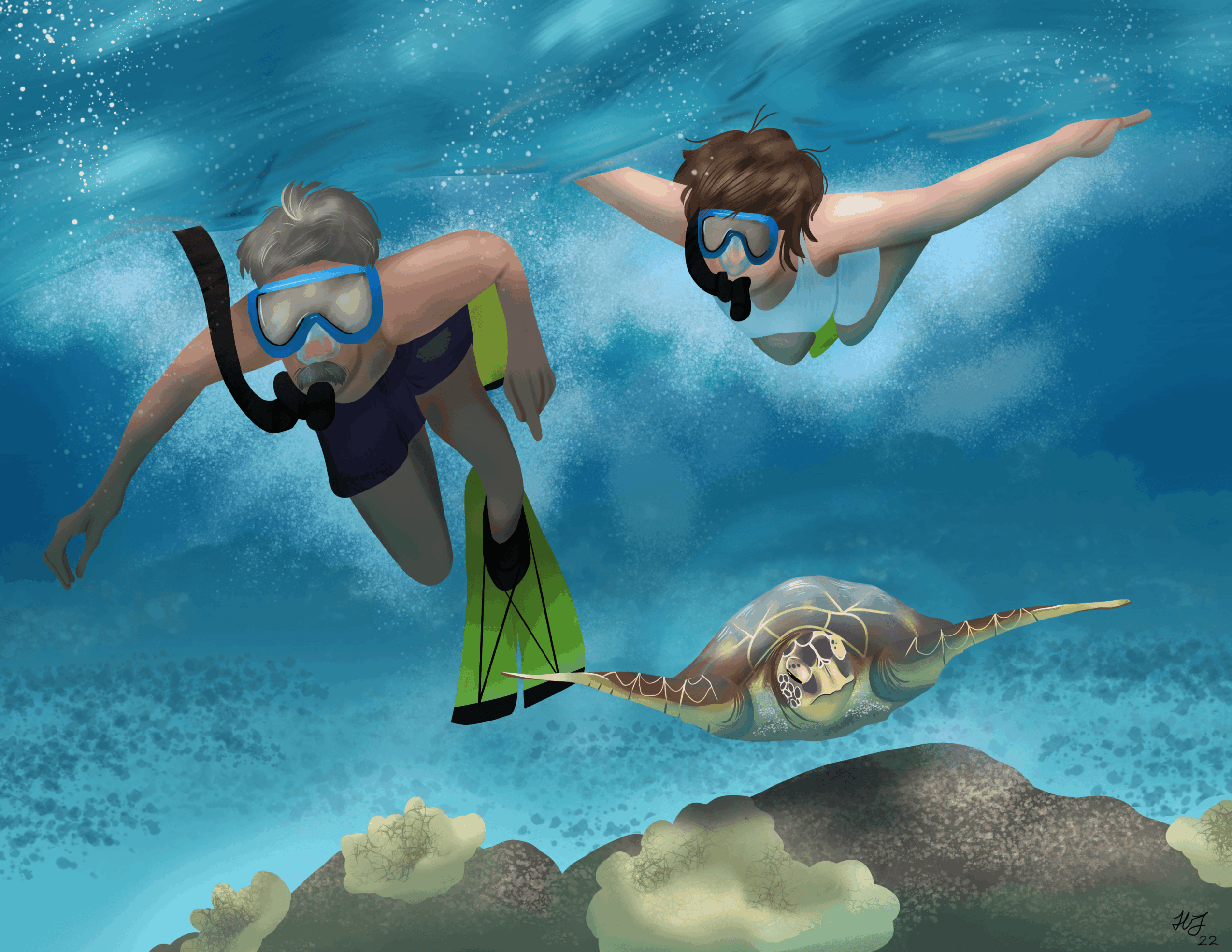 Two people snorkeling underwater with a sea turtle, wearing masks and fins, near rocks and coral.