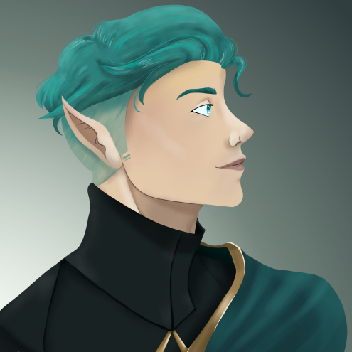 Profile of an elf with teal hair, pointed ear, and black clothing, looking to the right.