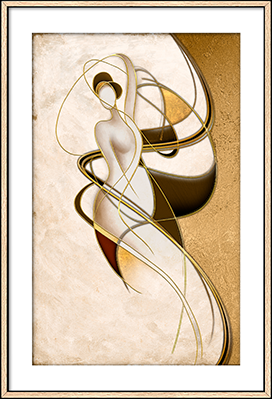Abstract artwork of a stylized woman with flowing lines and geometric shapes, in neutral and gold tones.