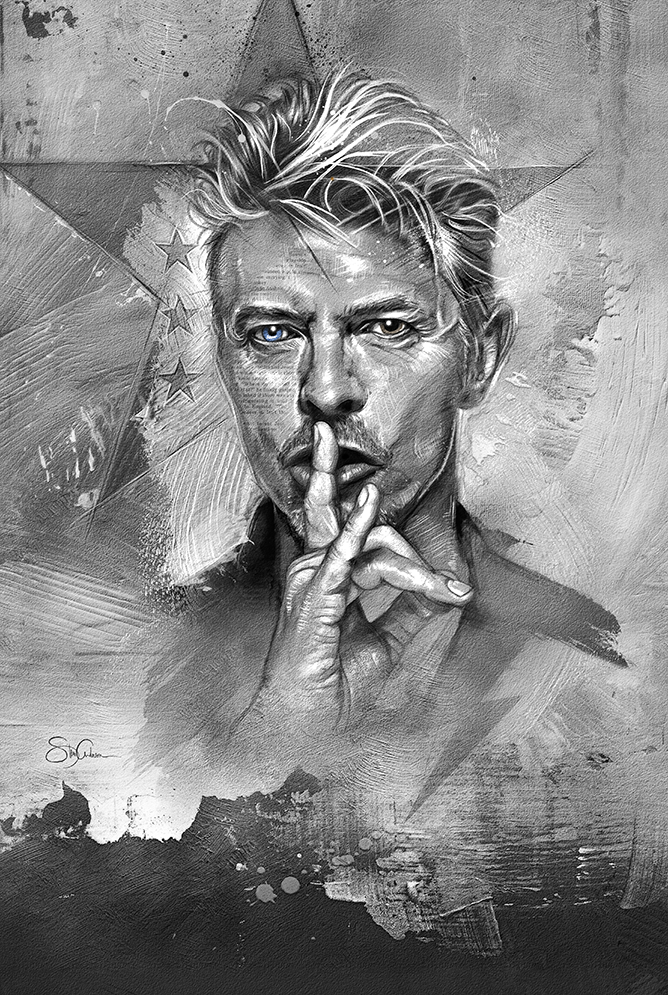 Portrait of a person with finger on lips, with a star and textured background, in black and white.
