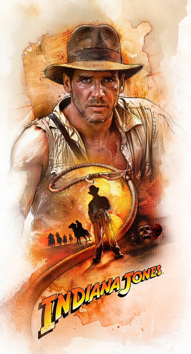 Illustration of Indiana Jones with a hat, holding a whip, with a desert scene and a group of people on horseback, and the title