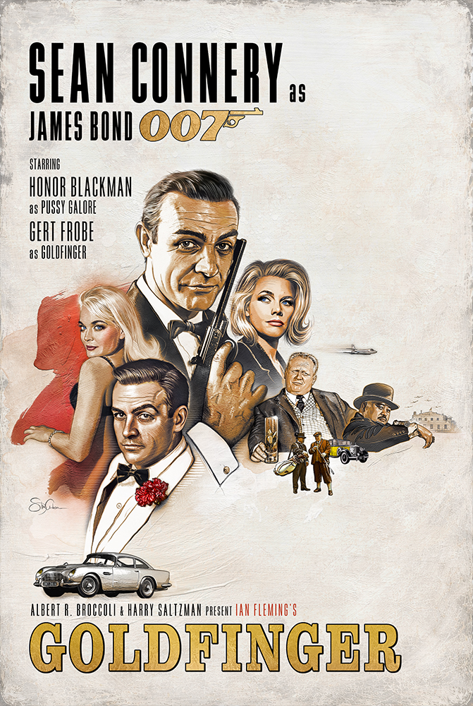 Movie poster for Goldfinger featuring Sean Connery as James Bond, with characters and a car, title in gold letters.
