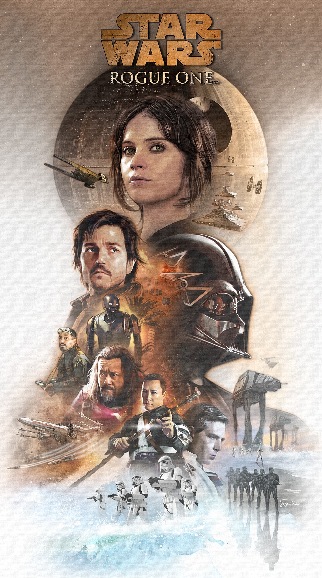 Promotional poster for Star Wars: Rogue One featuring main characters and spacecraft.