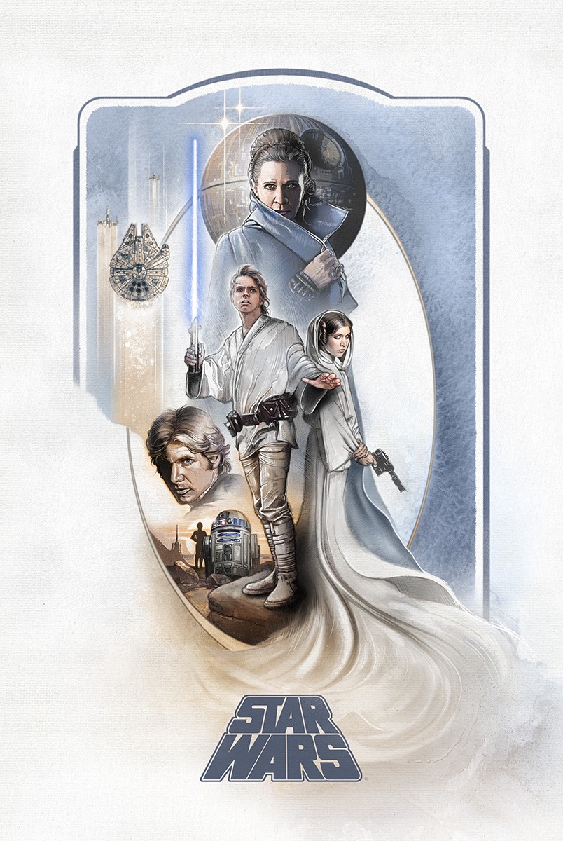 Star Wars poster featuring characters and ships, with a light background and the logo at the bottom.
