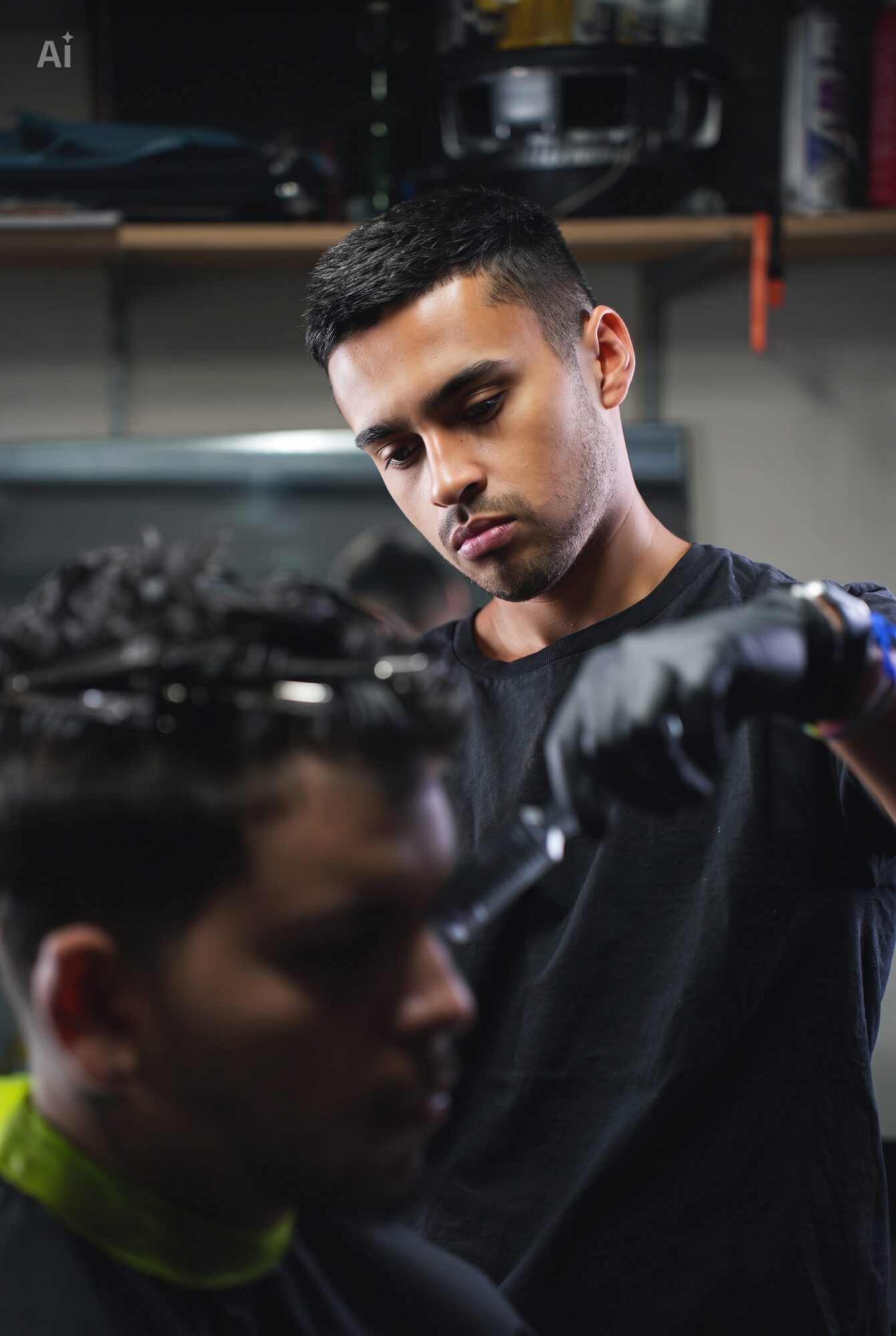Young man working on a motorcycle in a workshop, focused on the task, with shelves and tools in the background.