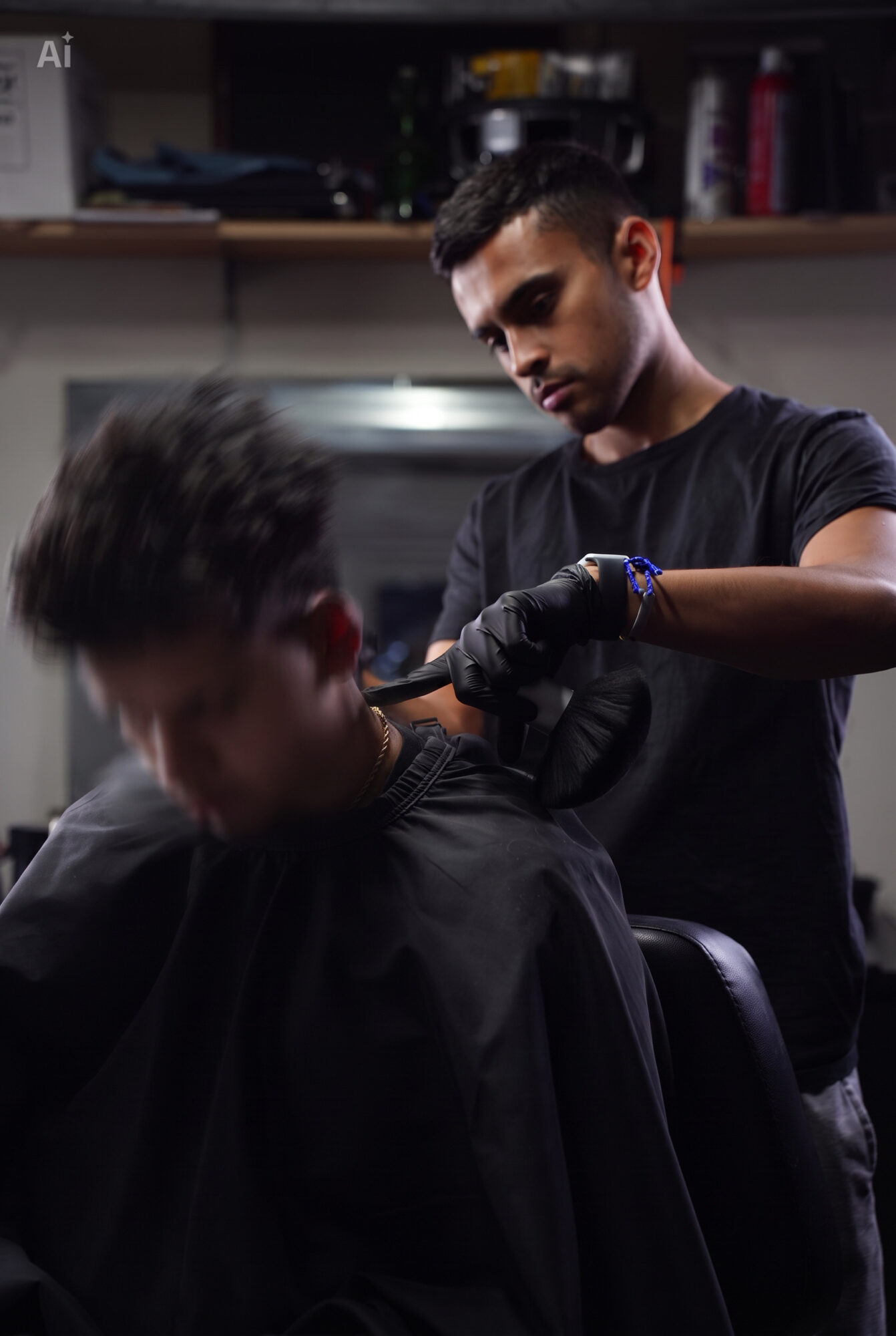 Barber cutting a person's hair in a salon, with shelves and hair products in the background.