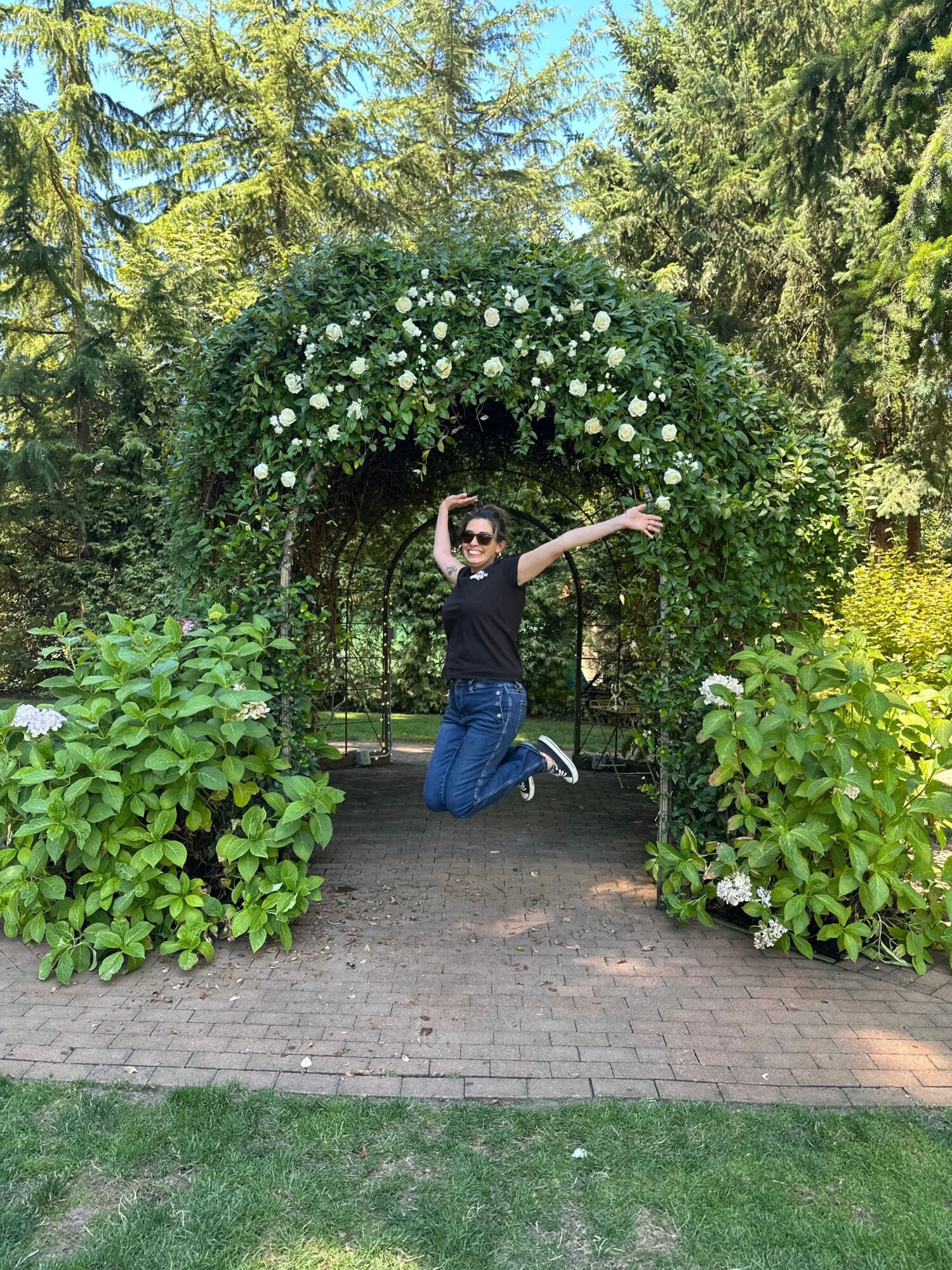 Person crouching on a brick pathway in a garden with green bushes and flowering plants, holding a camera or phone up.