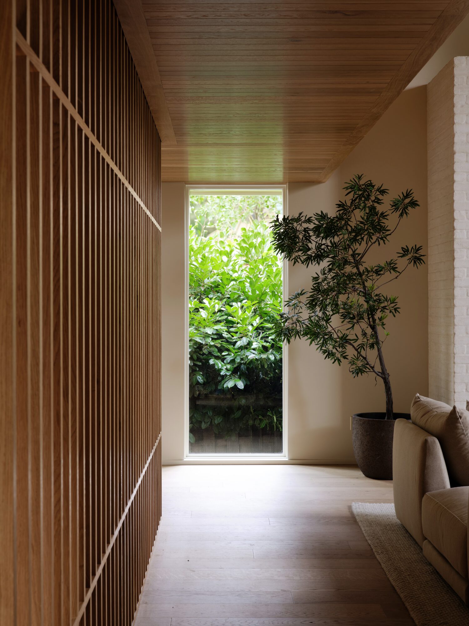 Interior hallway with wooden wall on left, large window showing greenery, potted plant on right, and part of a sofa.