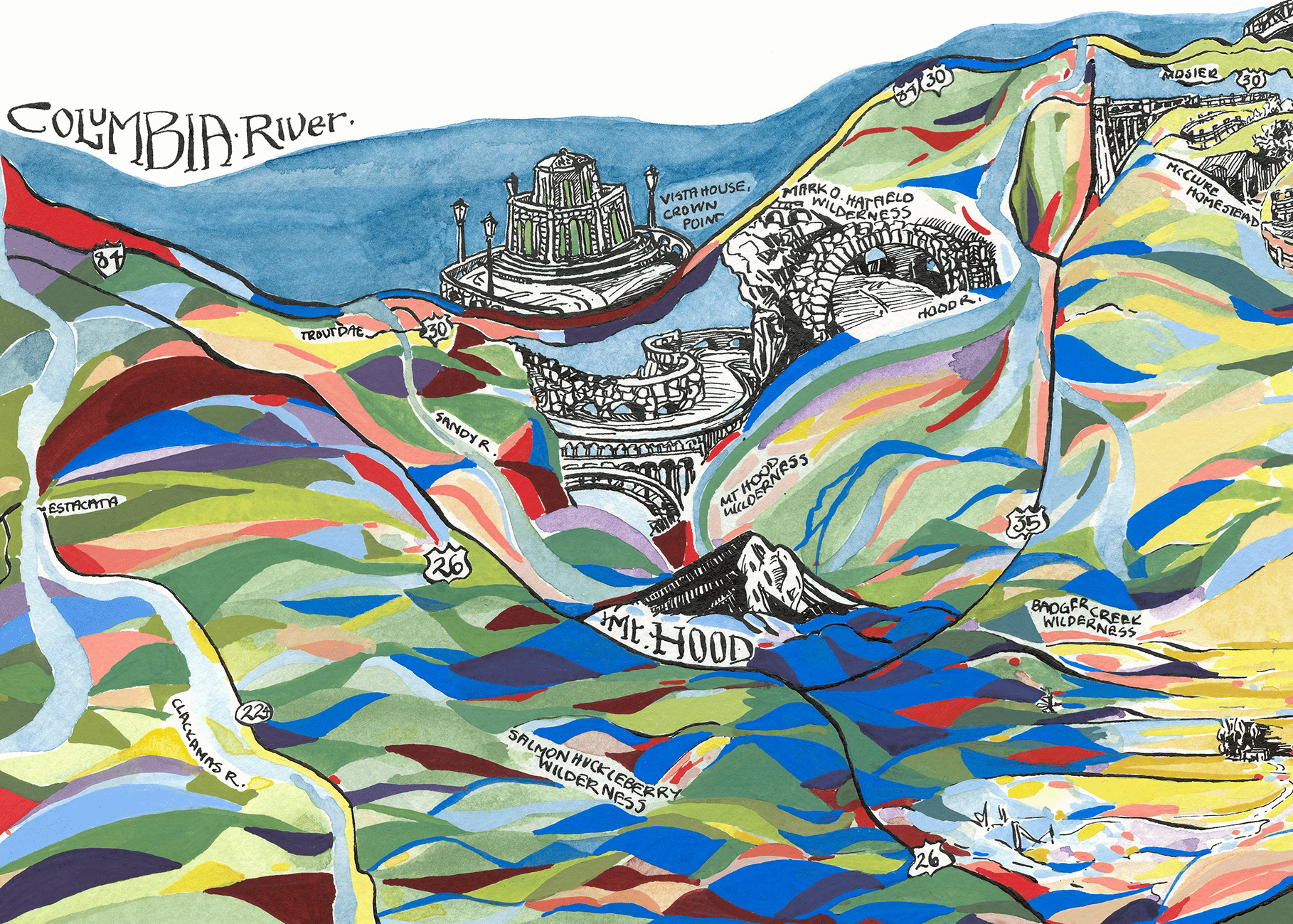 Colorful illustrated map showing Columbia River, bridges, buildings, and landscape with labels, in a vibrant, abstract style.