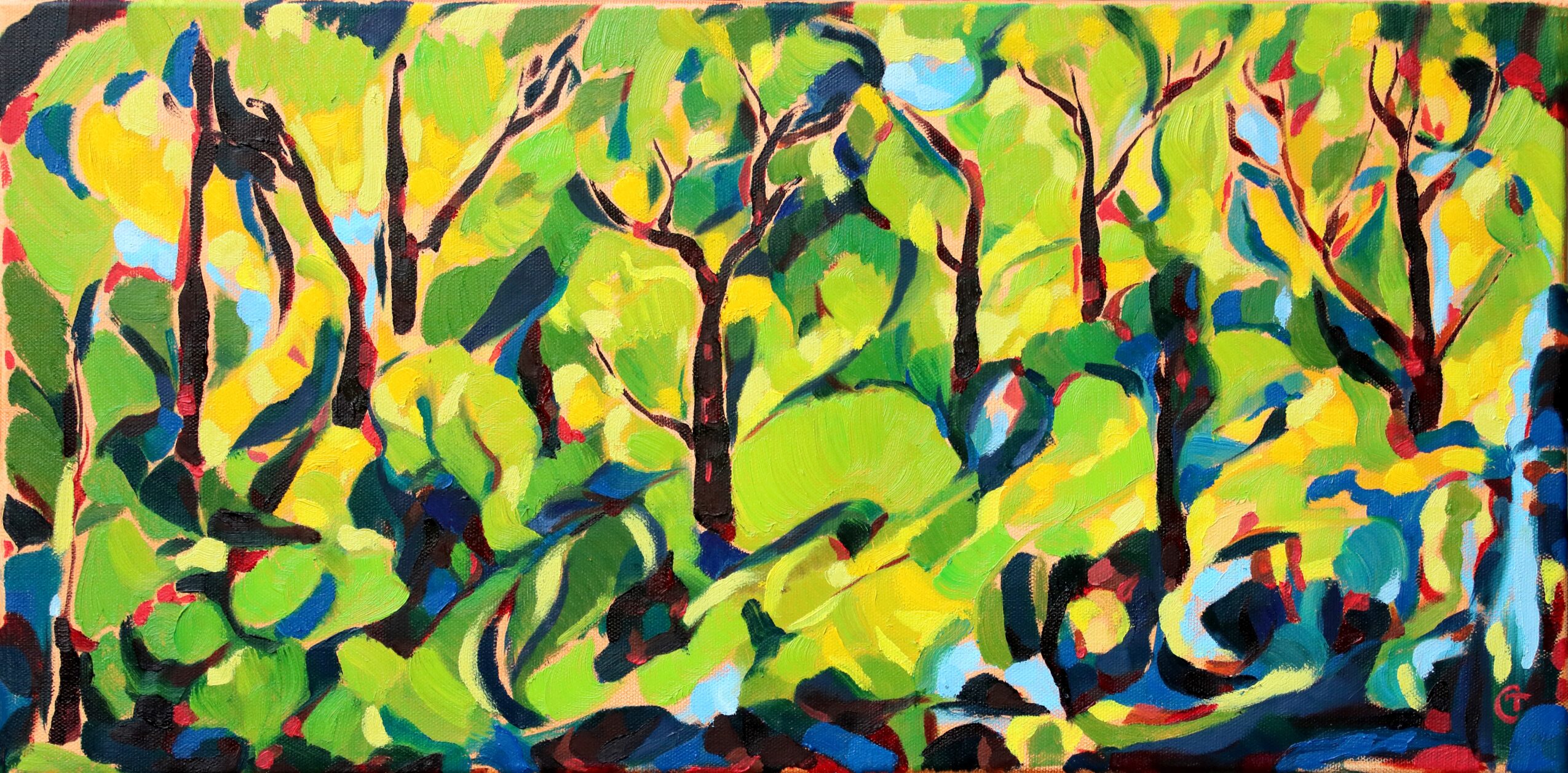 Colorful abstract painting of trees with green, yellow, blue, and black brushstrokes, depicting a vibrant landscape scene.