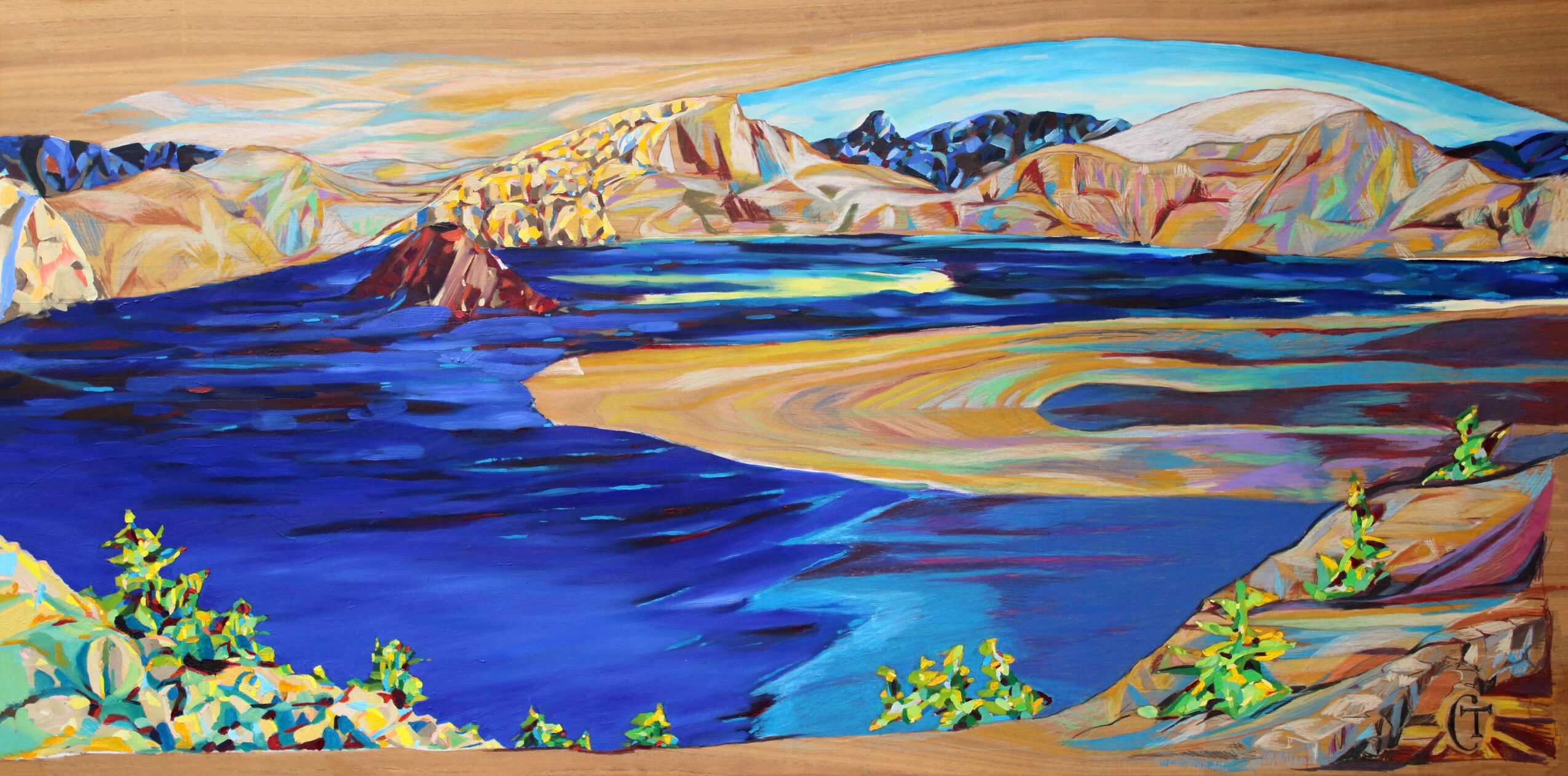 Colorful landscape painting of mountains, water, and sky with vibrant hues and lush greenery.