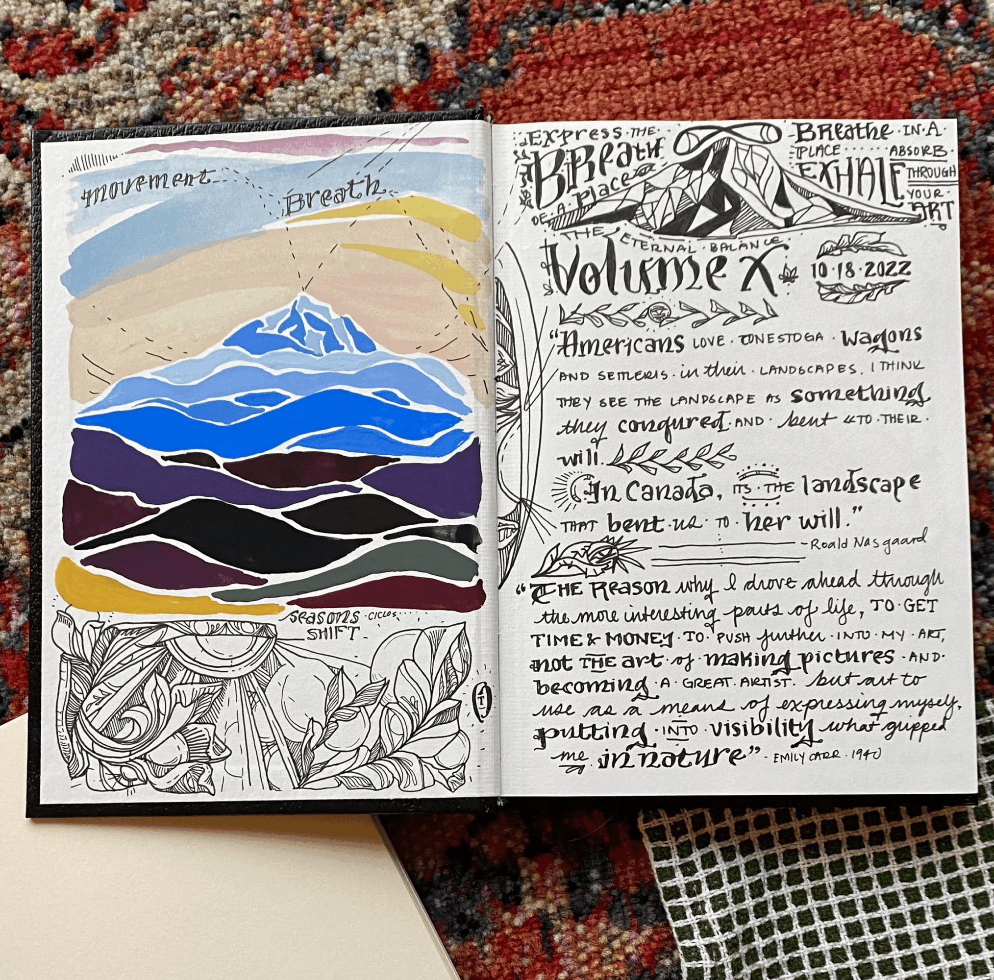 Sketch of a mountain landscape with colorful layers, handwritten notes, and doodles on a journal page.