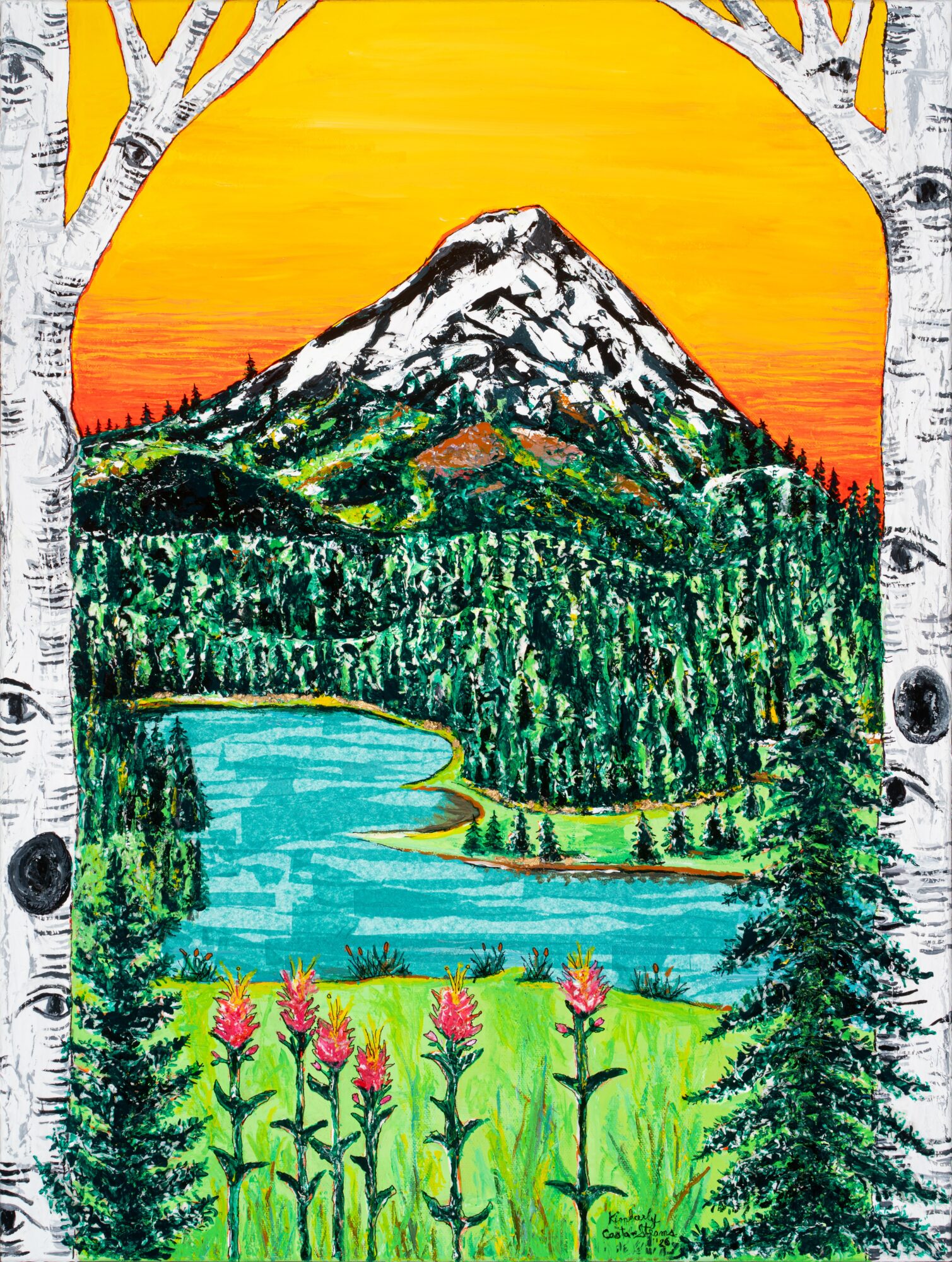 Colorful landscape with a snow-capped mountain, lake, forest, and flowering plants, framed by white trees, under a yellow-orange sky.