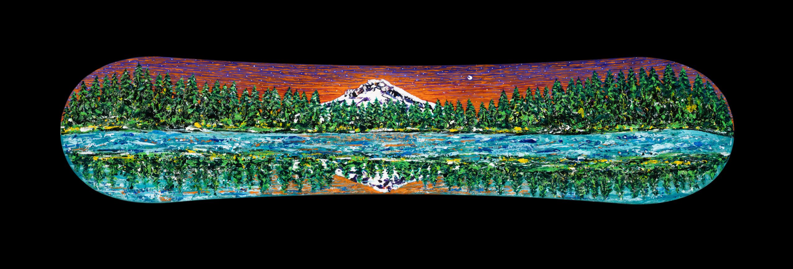 Panoramic landscape painting of mountains, trees, and water with a colorful sky, on a skateboard deck, black background.